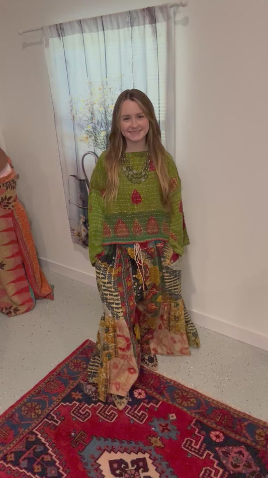 Set of layered pants in heavy kantha and top in light kantha - One Size S to 3X