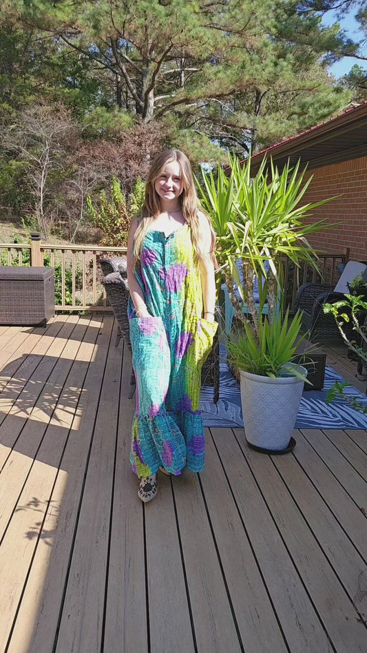 "Good Vibes" Jumpsuit in Light Kantha , One Size S to 2X/3X