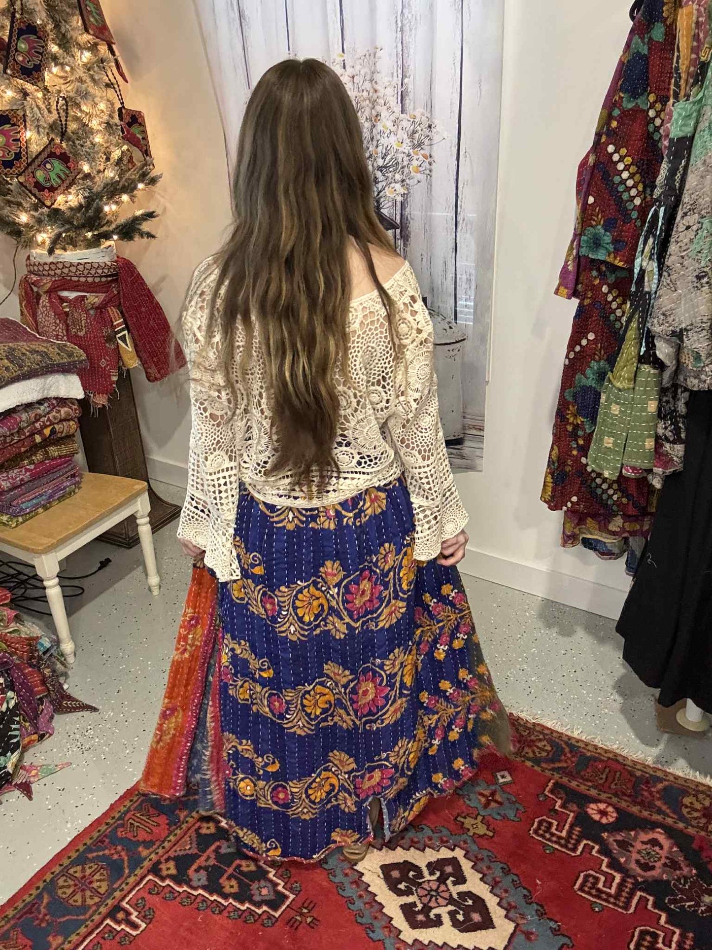 "Peasant" Light Kantha Maxi  Skirt - One Size S to 2X/3X