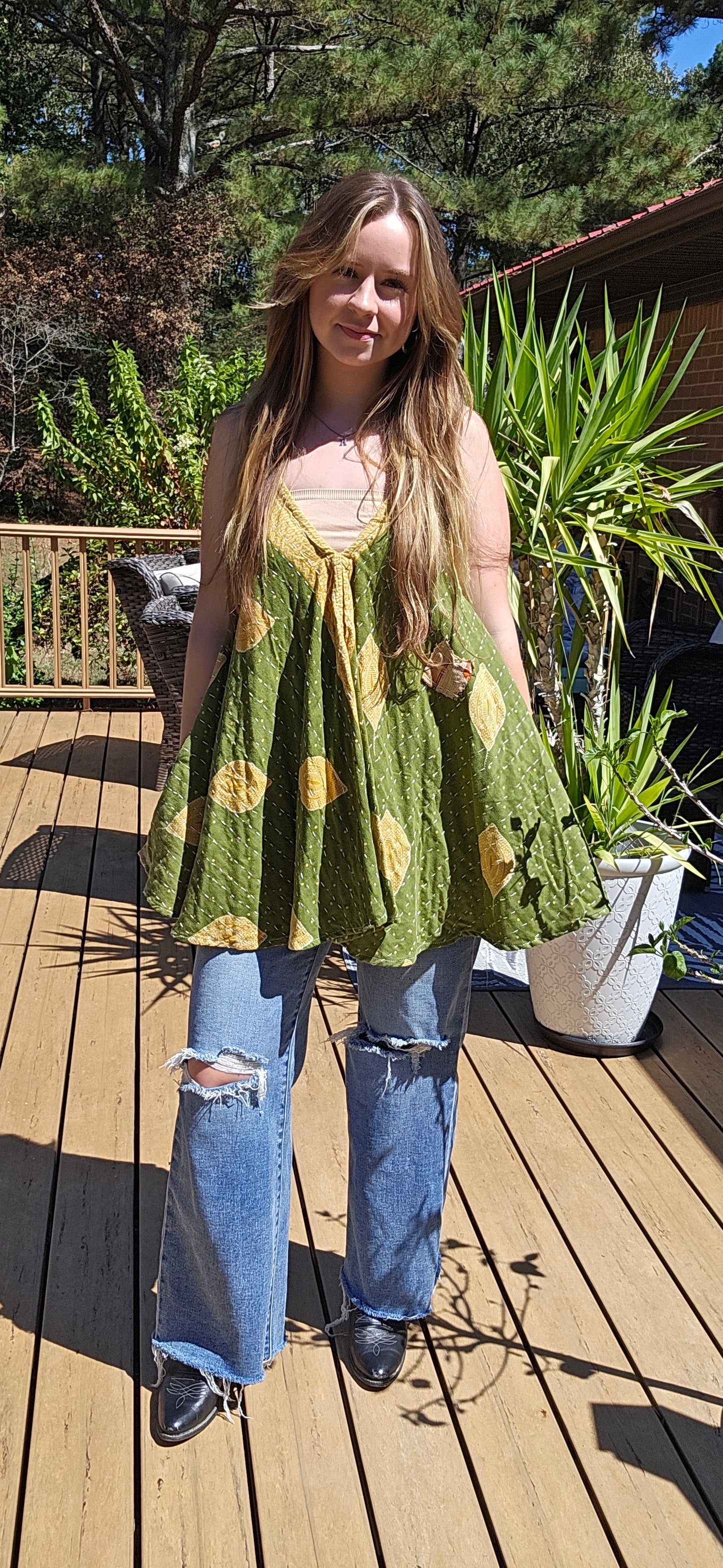 "Flying Bird" Tunic Style Top in Light Kantha , One Size S to XL maybe 2X
