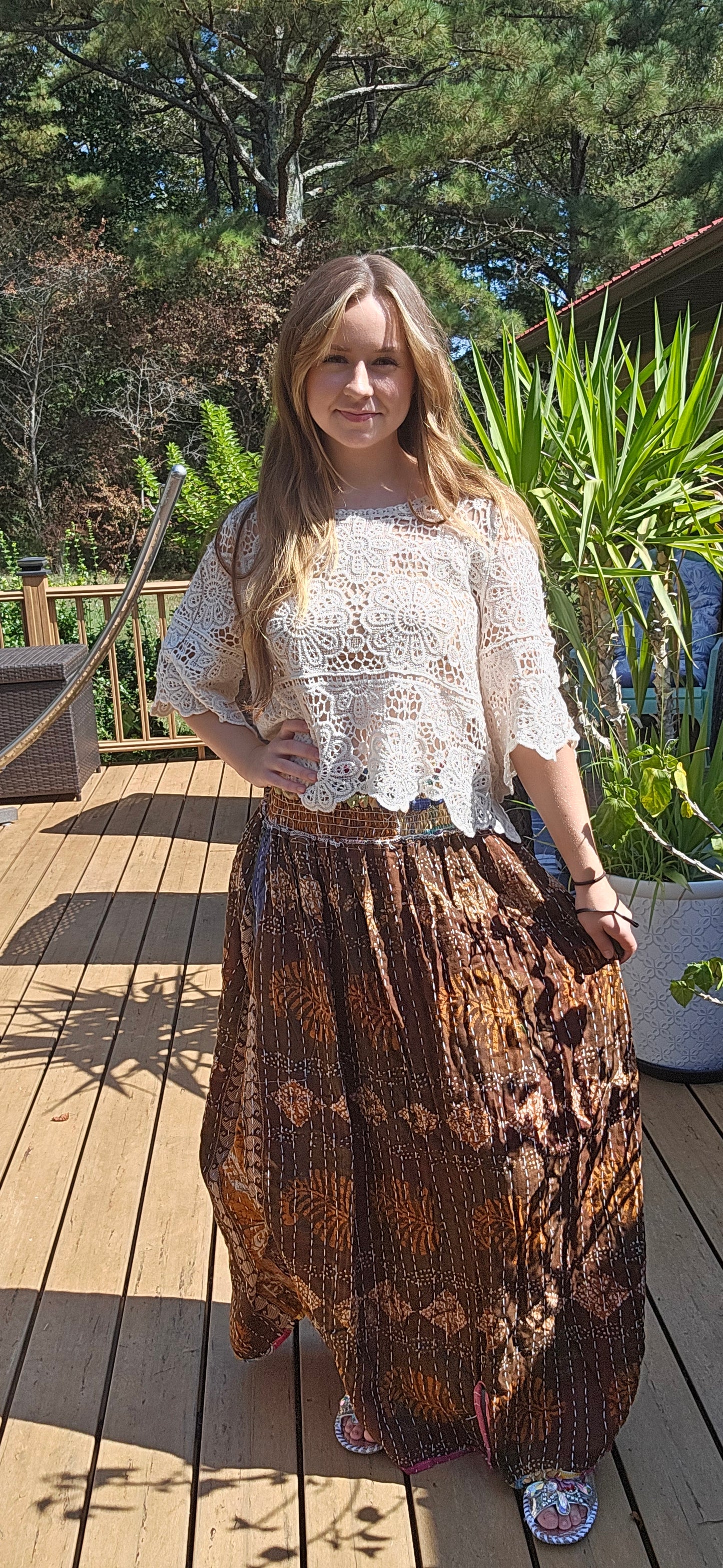 "Peasant" Light Kantha Maxi  Skirt - One Size S to 2X/3X
