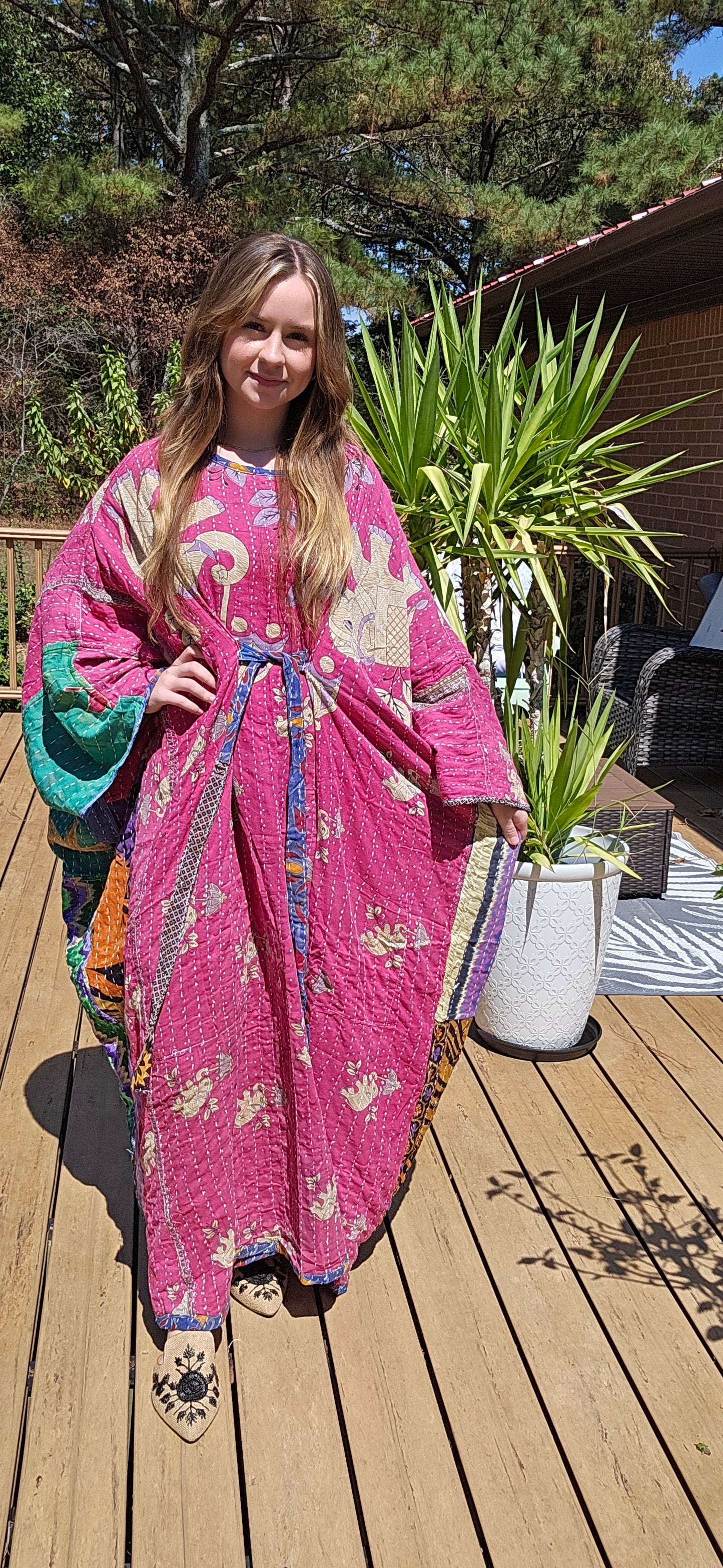 Selene Caftan  in light kantha, One Size S to 3X