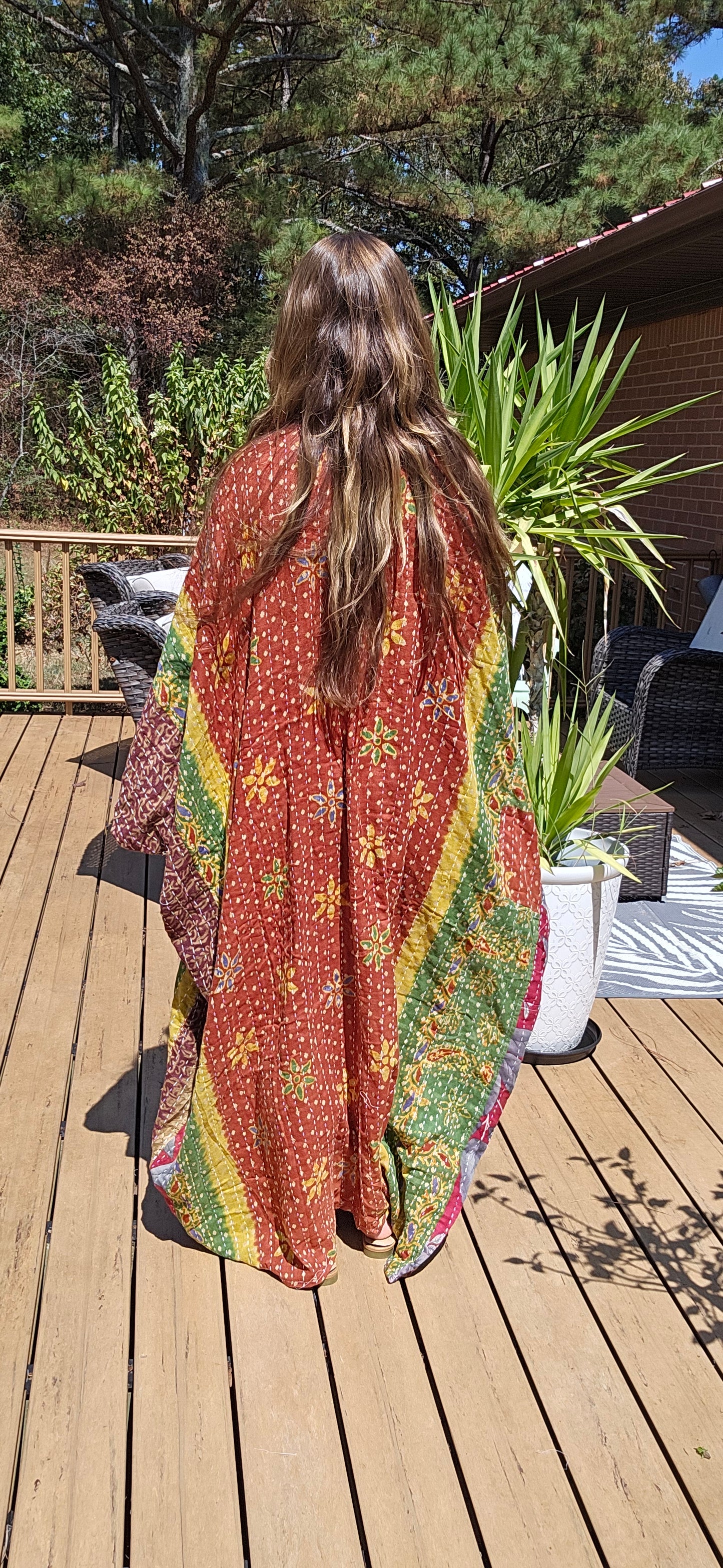 Selene Caftan in light kantha, One Size S to 3X