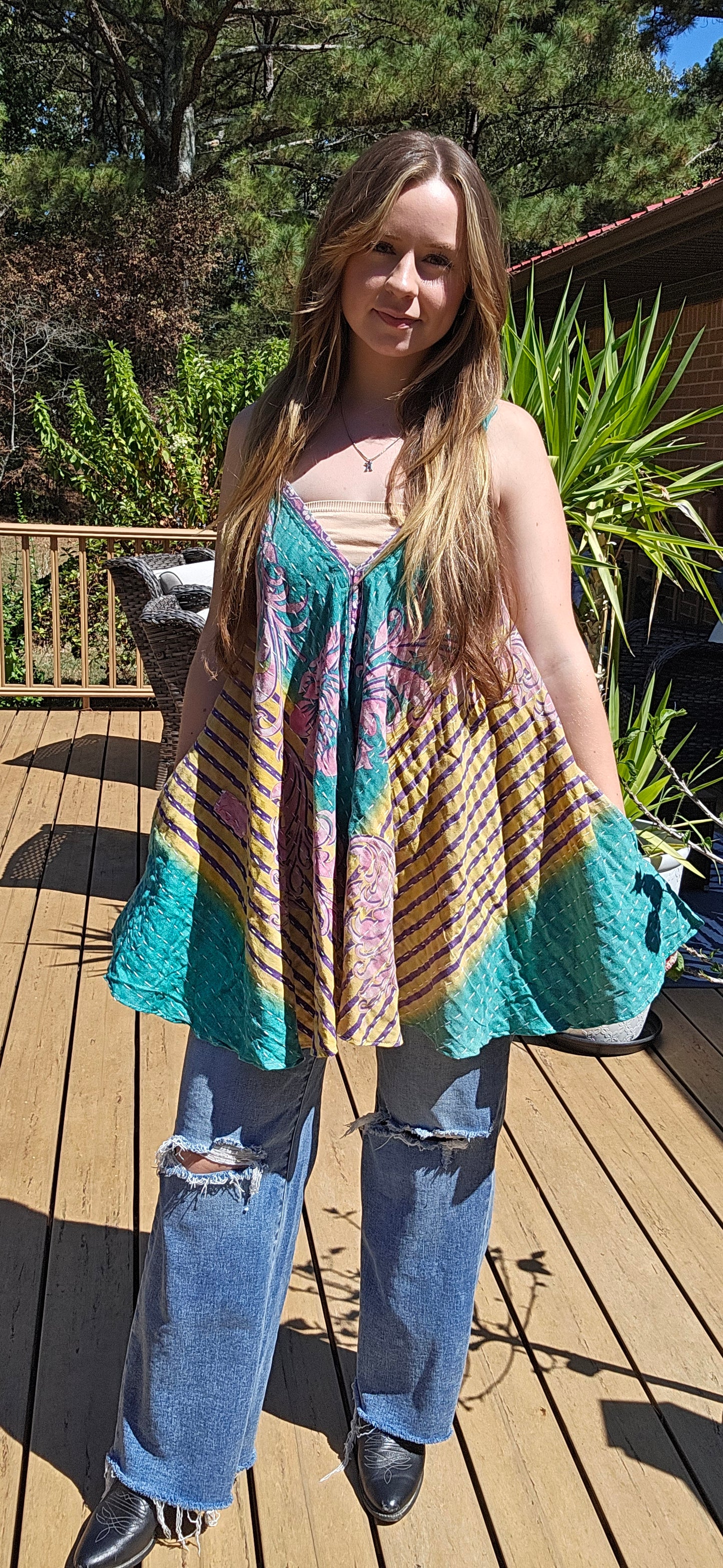 "Flying Bird" Tunic Style Top in Light Kantha , One Size S to XL maybe 2X