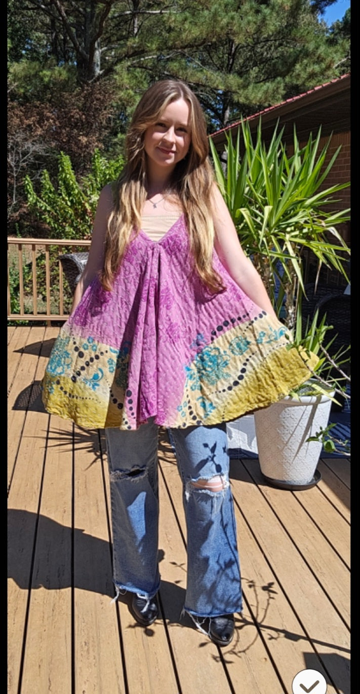 "Flying Bird" Tunic Style Top in Light Kantha , One Size S to XL maybe 2X
