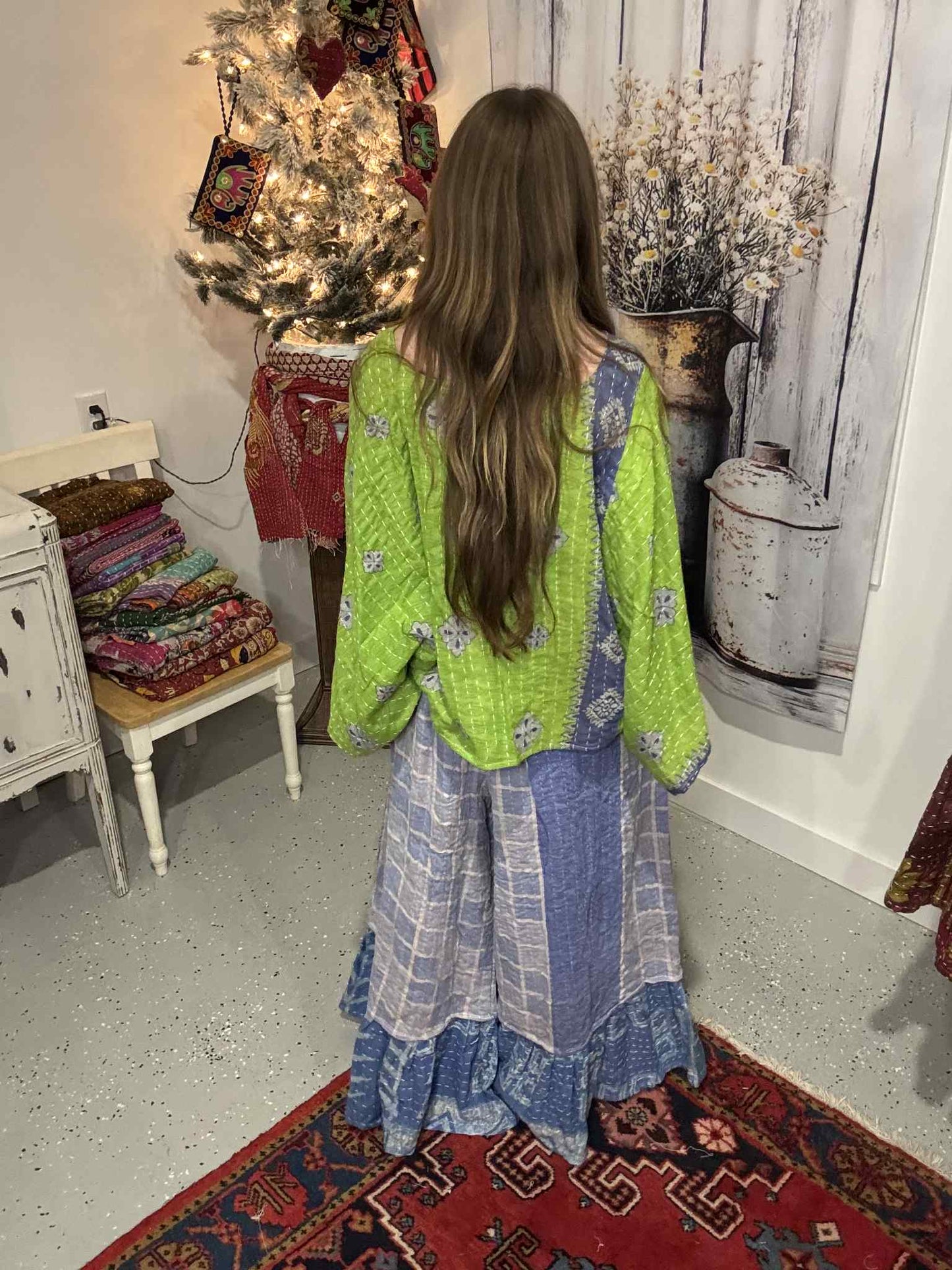 Set of Kantha Dolman Sleeves  Top with Ruffle Pants  - One Size S to 3X