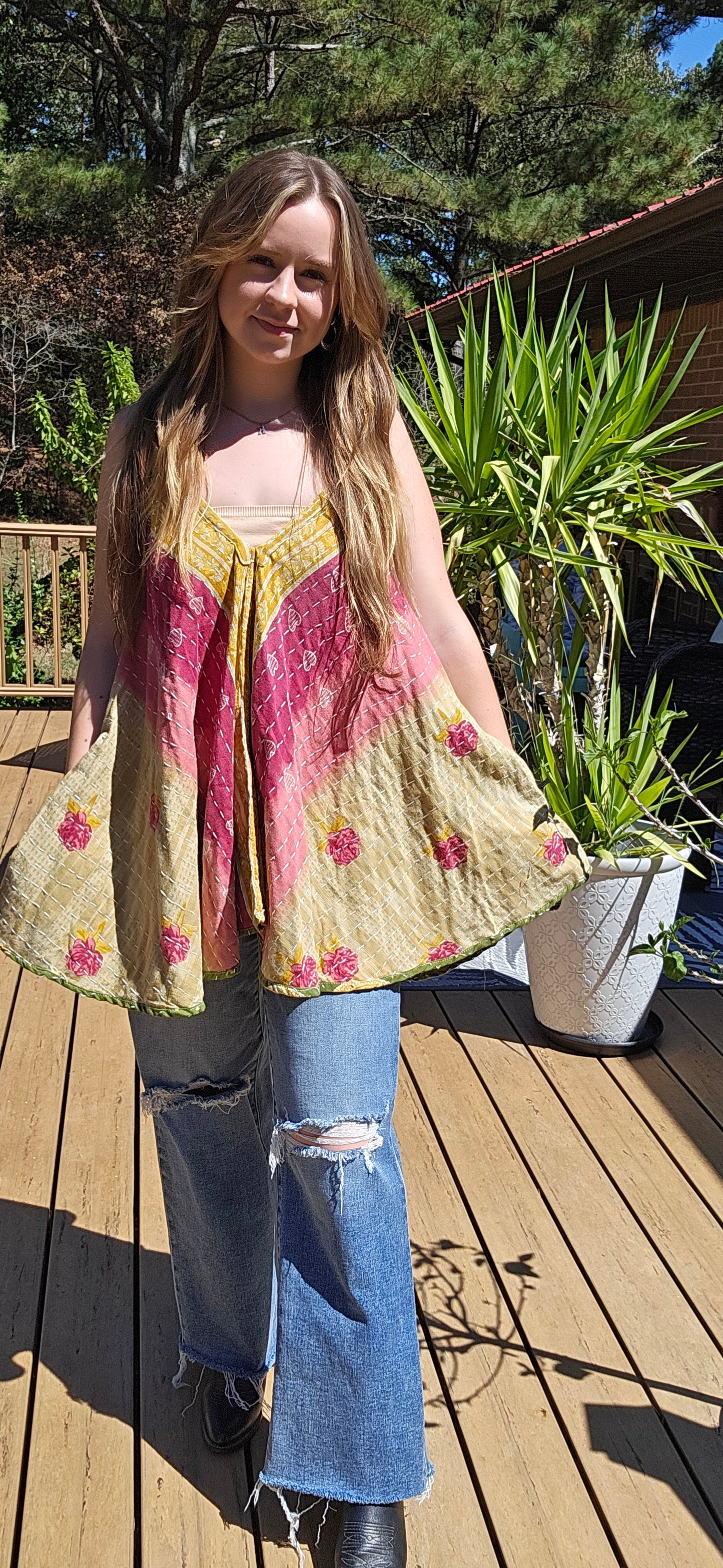 "Flying Bird" Tunic Style Top in Light Kantha , One Size S to XL maybe 2X
