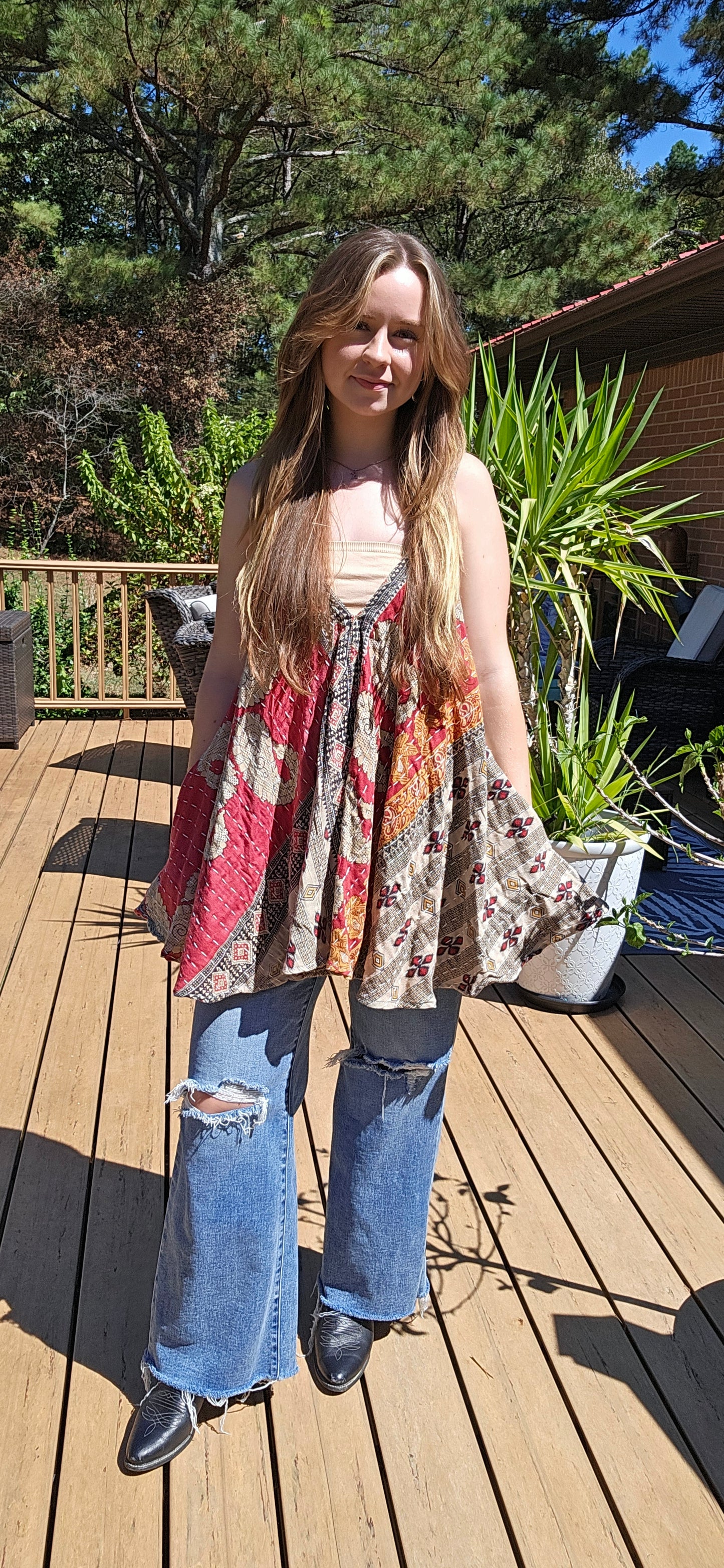 "Flying Bird" Tunic Style Top in Light Kantha , One Size S to XL maybe 2X