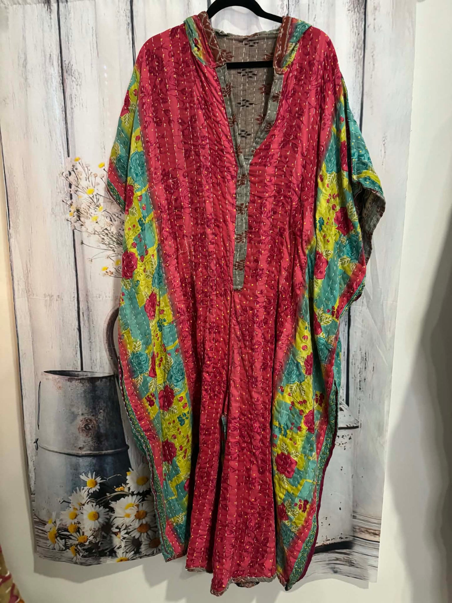 Cozy Jumpsuit with Hoodie in Light Kantha - One Size S to 3X