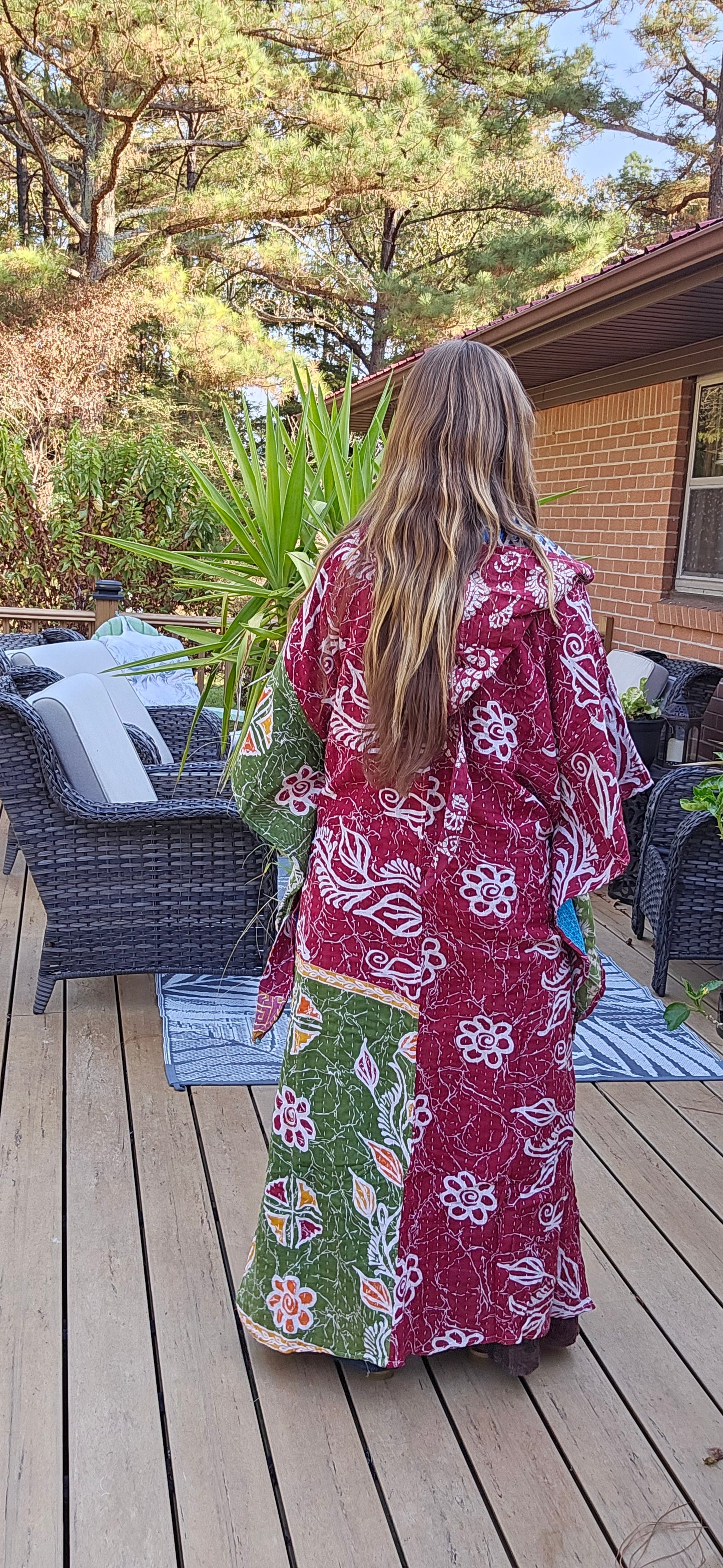Whimsical Fairy / Witchy Duster with Elongated Hoodie in Light Kantha - One Size S to 2X