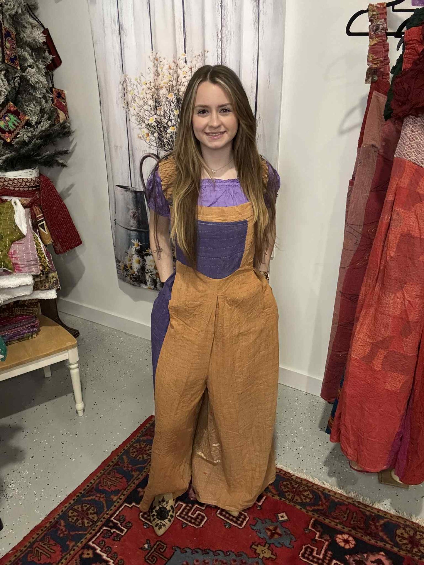 Apron Jumpsuit in Heavy kantha  One Size S to 2X/3X