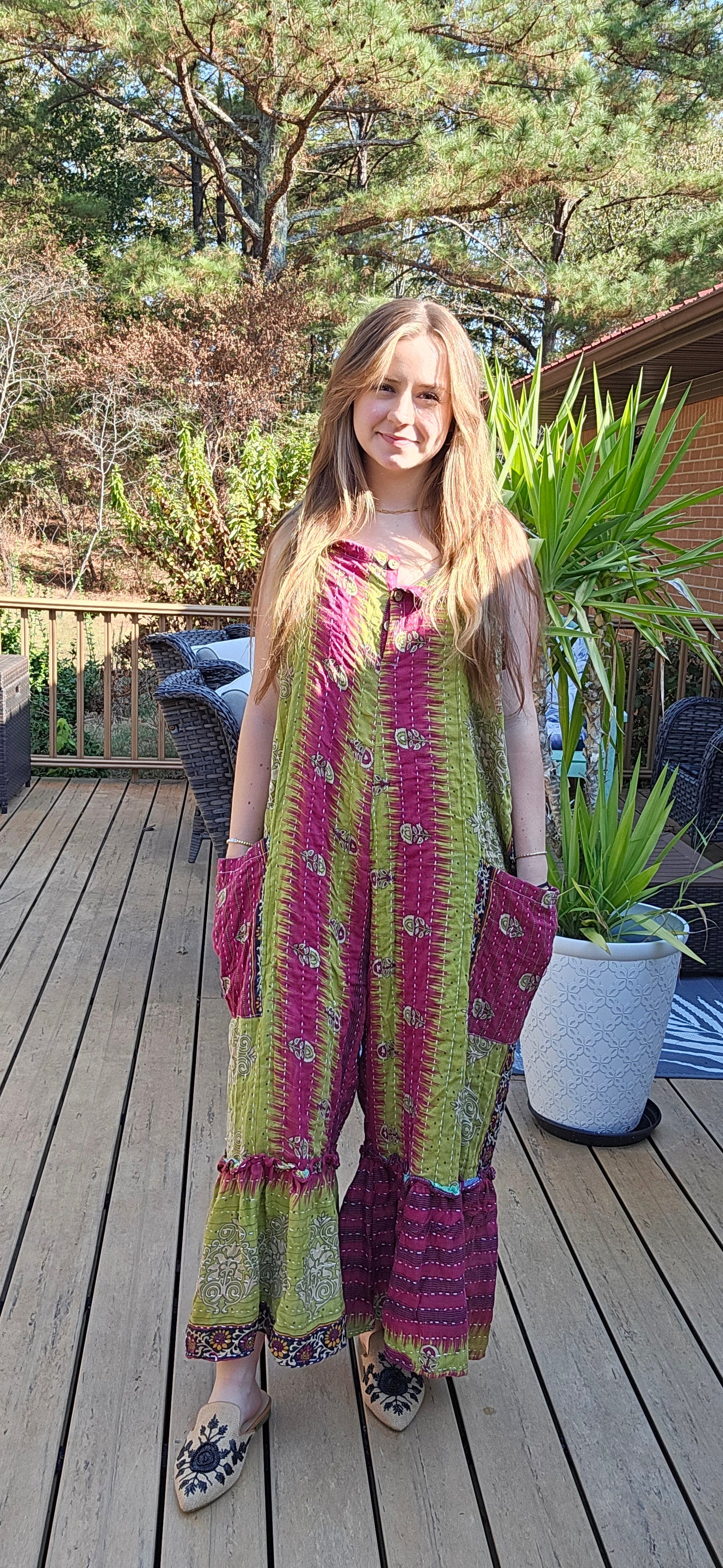 "Good Vibes" Jumpsuit in light kantha - One size S to 2X /3X