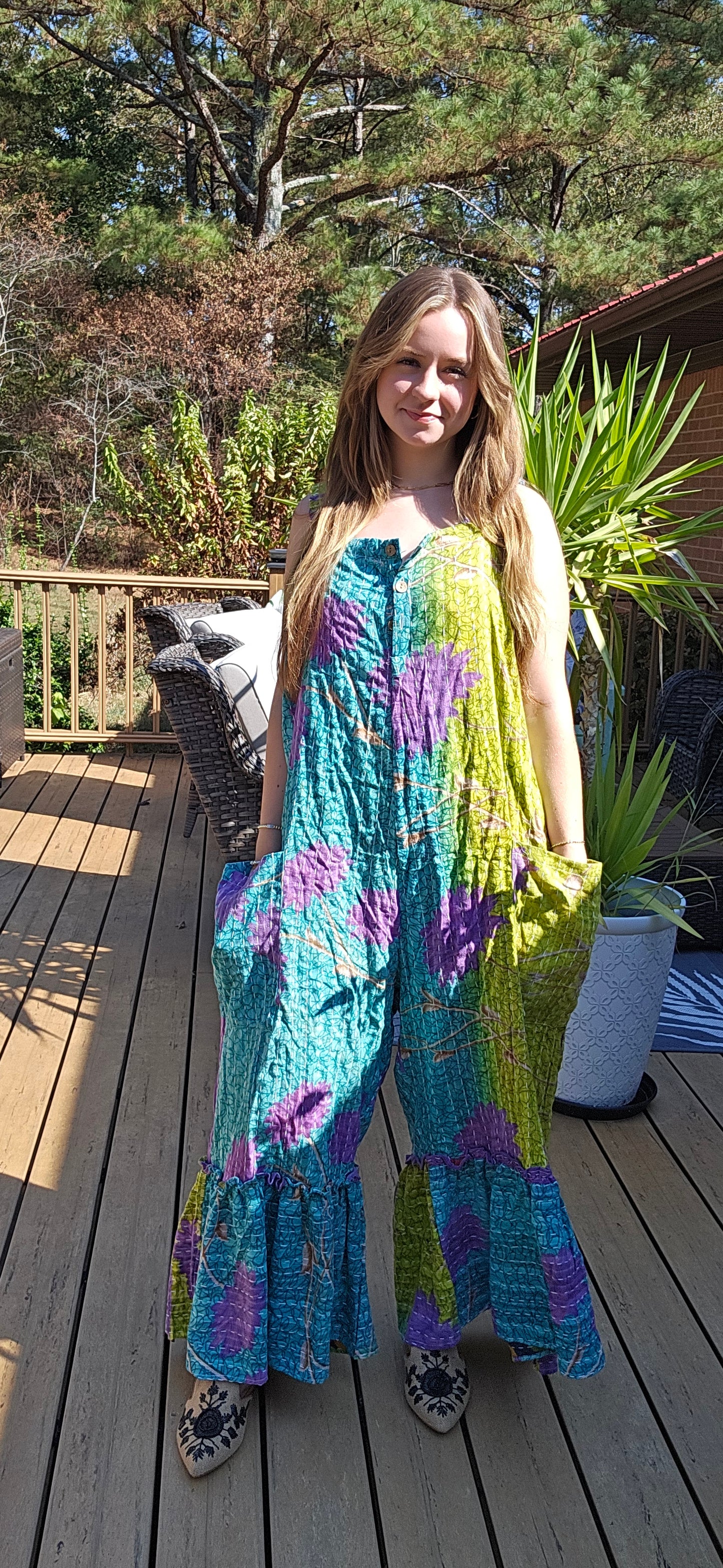 "Good Vibes" Jumpsuit in Light Kantha , One Size S to 2X/3X