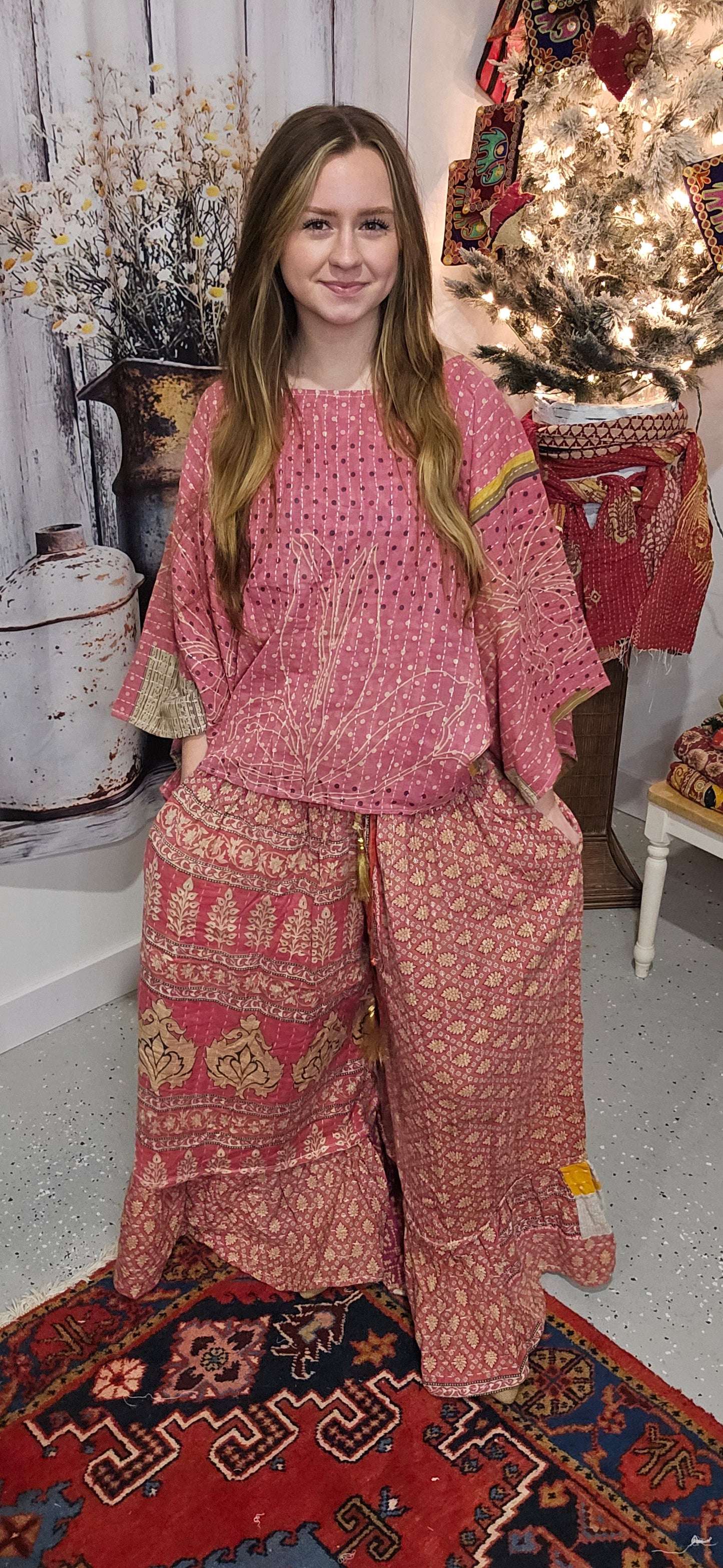 Set of Kantha Dolman Sleeves  Top with Ruffle Pants  - One Size S to 3X