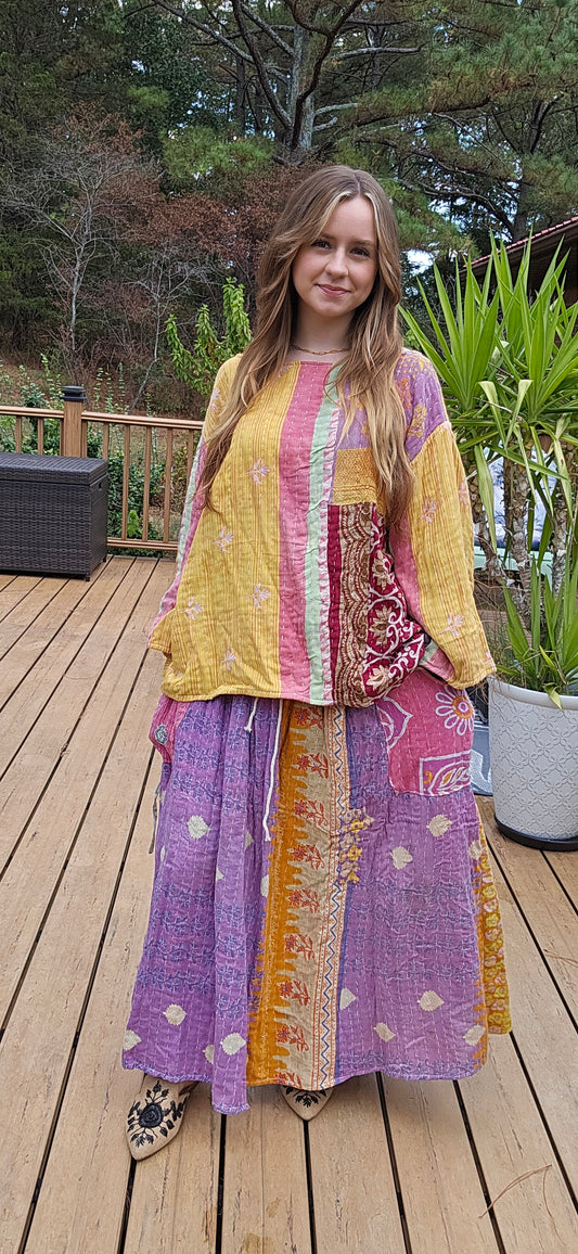 "Peasant" Kantha Skirt Set - One Size S to 2X