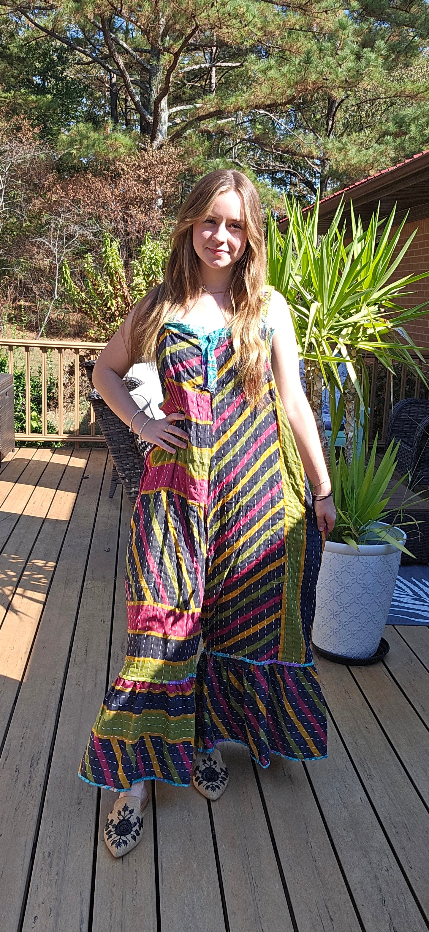 "Good Vibes" Jumpsuit in Light Kantha , One Size S to 2X/3X