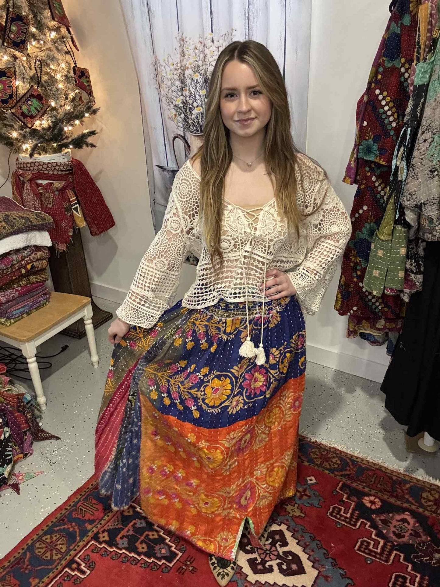 "Peasant" Light Kantha Maxi  Skirt - One Size S to 2X/3X