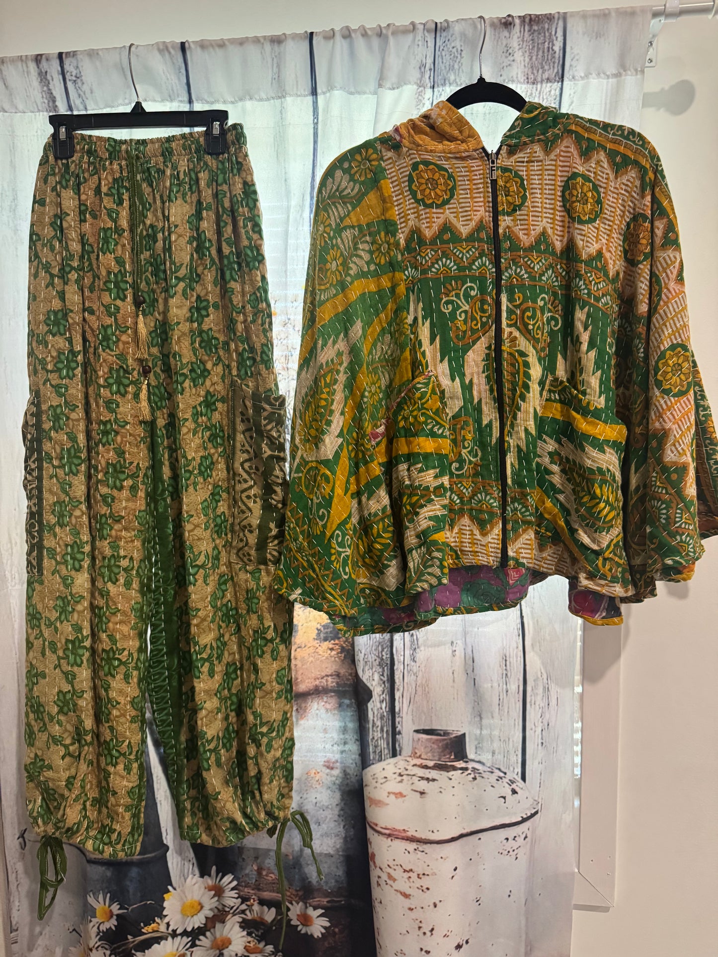 Set of Convertable Pants and Poncho in kantha - One size S to 3X