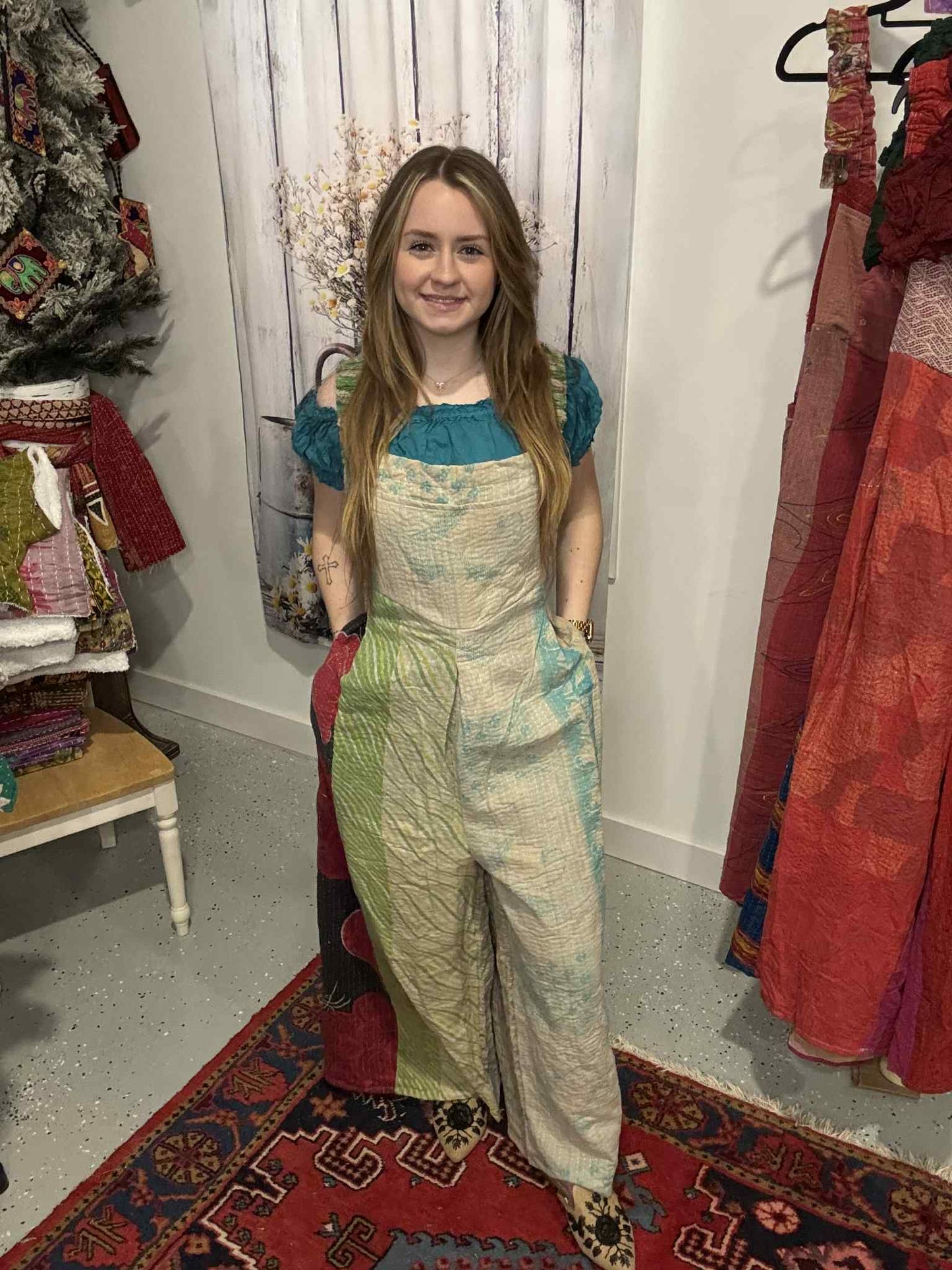 Apron Jumpsuit in Heavy kantha  One Size S to 2X/3X