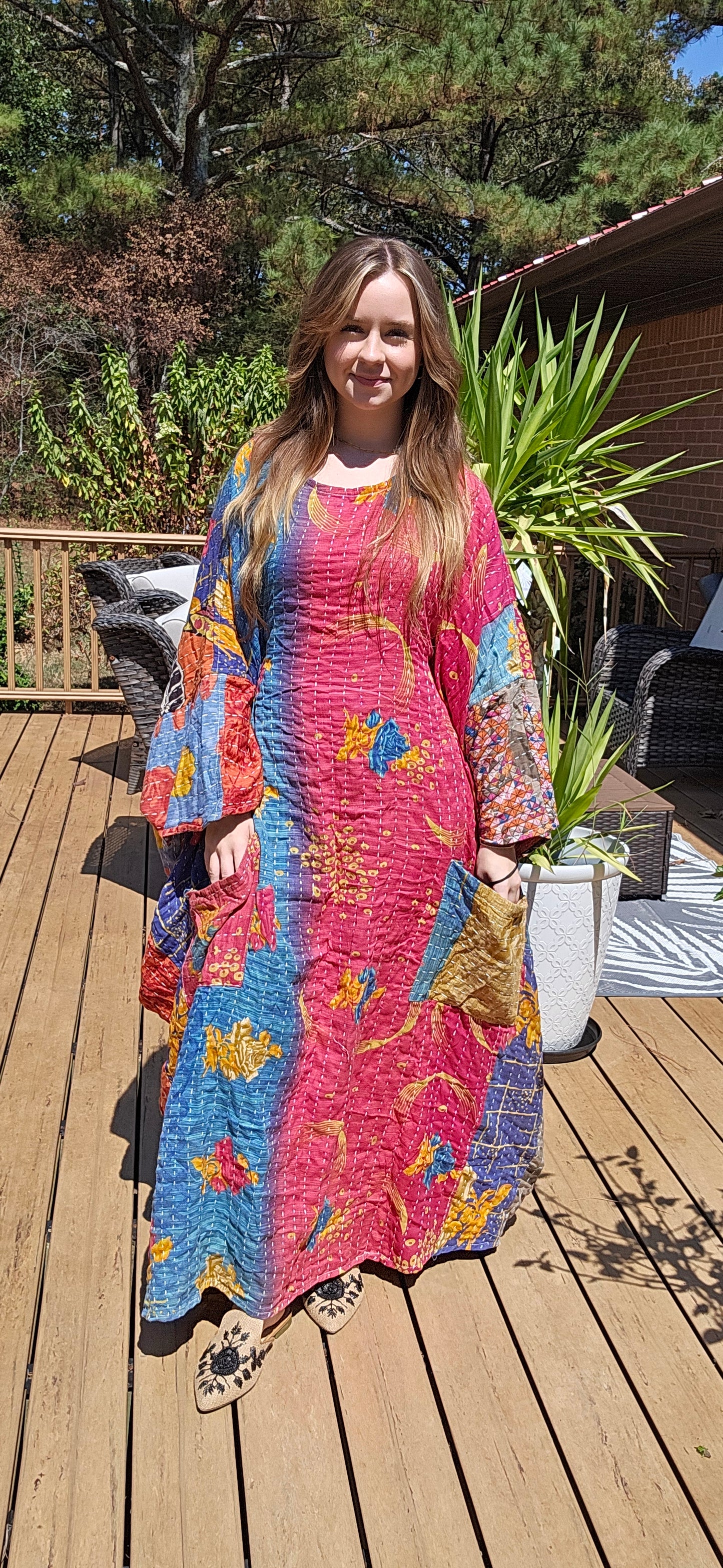 Selene Caftan  in light kantha, One Size S to 3X