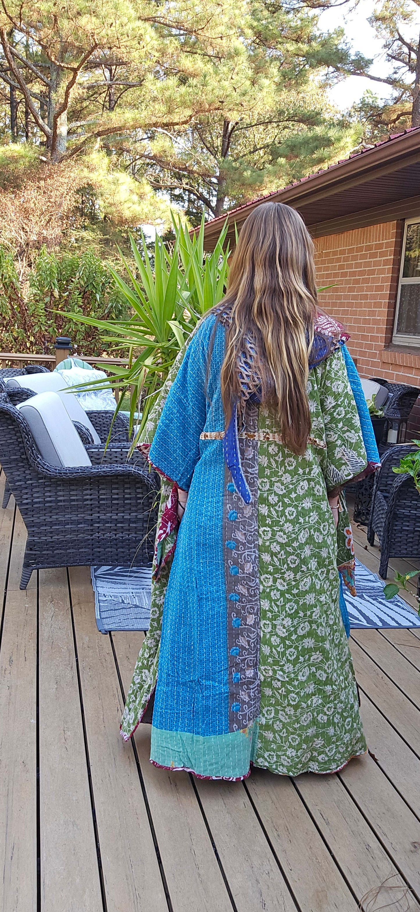Whimsical Fairy / Witchy Duster with Elongated Hoodie in Light Kantha - One Size S to 2X