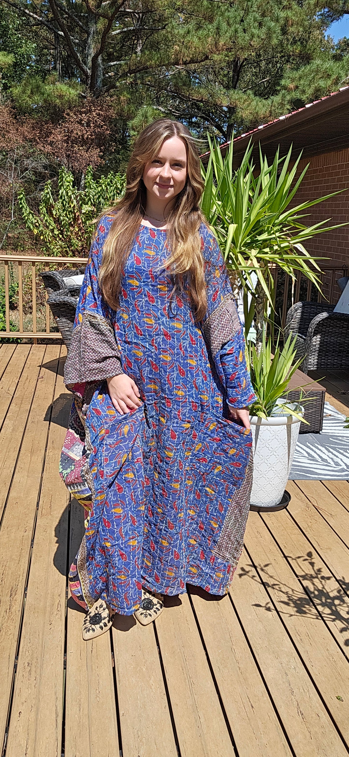 Selene Caftan  in light kantha, One Size S to 3X