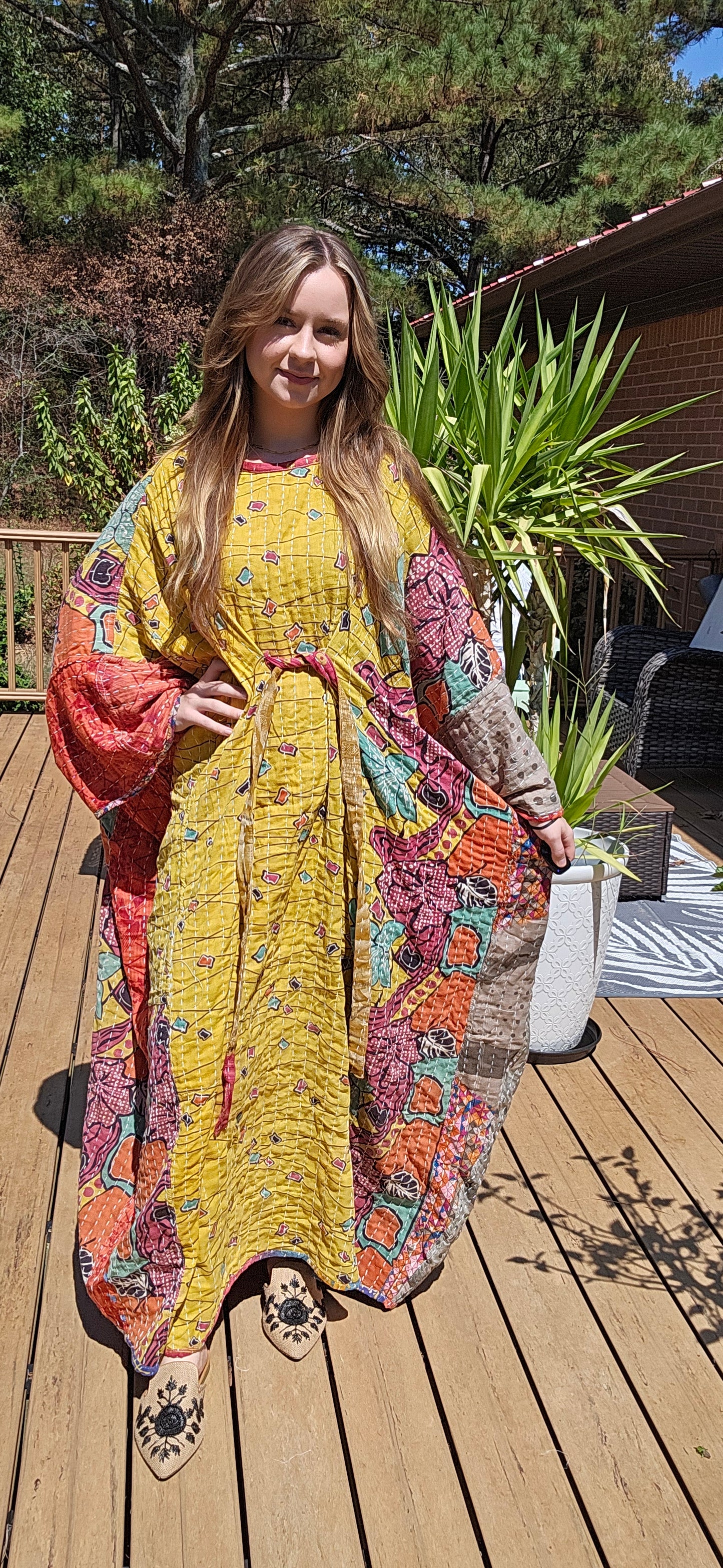 Selene Caftan  in light kantha, One Size S to 3X