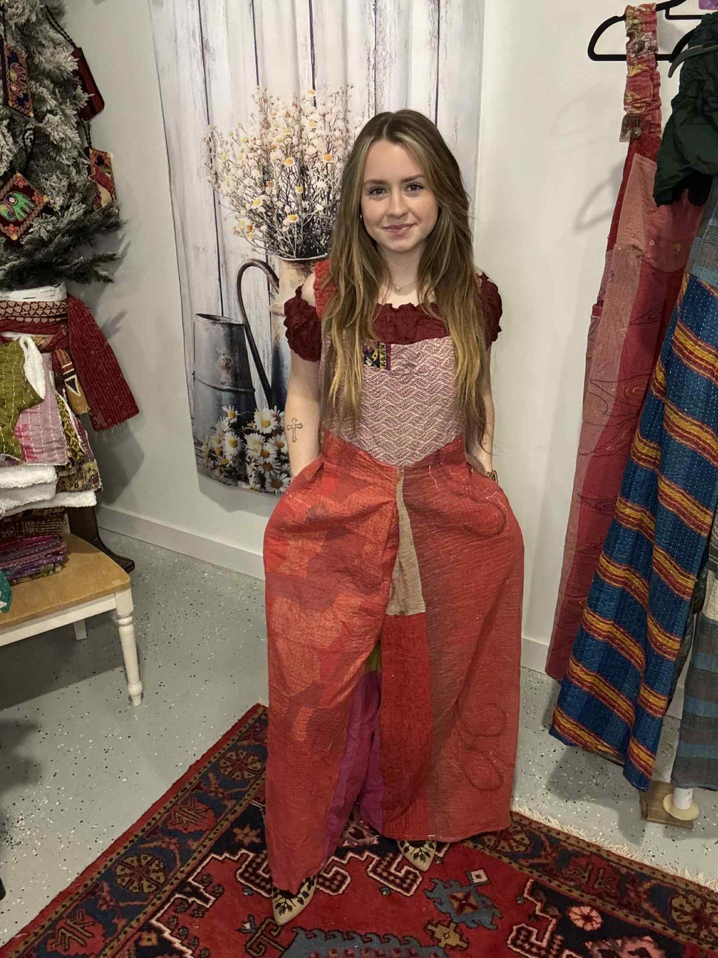 Apron Jumpsuit in Heavy kantha  One Size S to 2X/3X