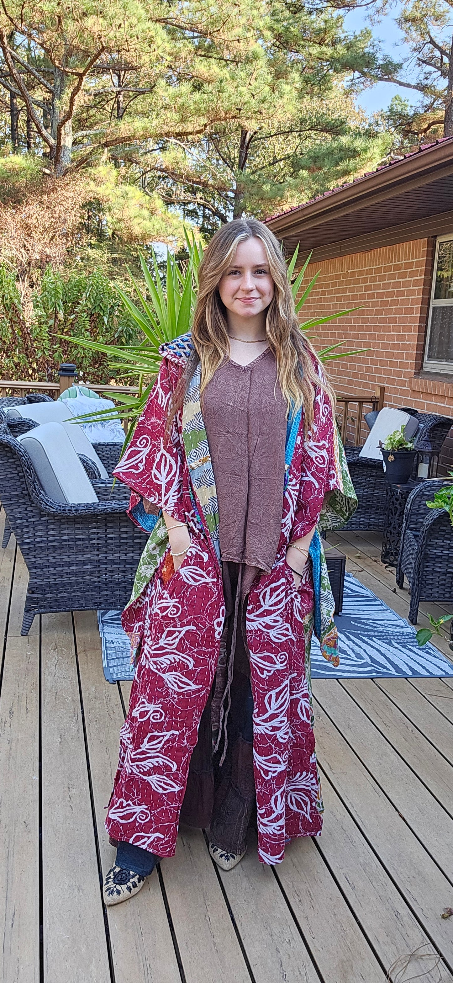 Whimsical Fairy / Witchy Duster with Elongated Hoodie in Light Kantha - One Size S to 2X