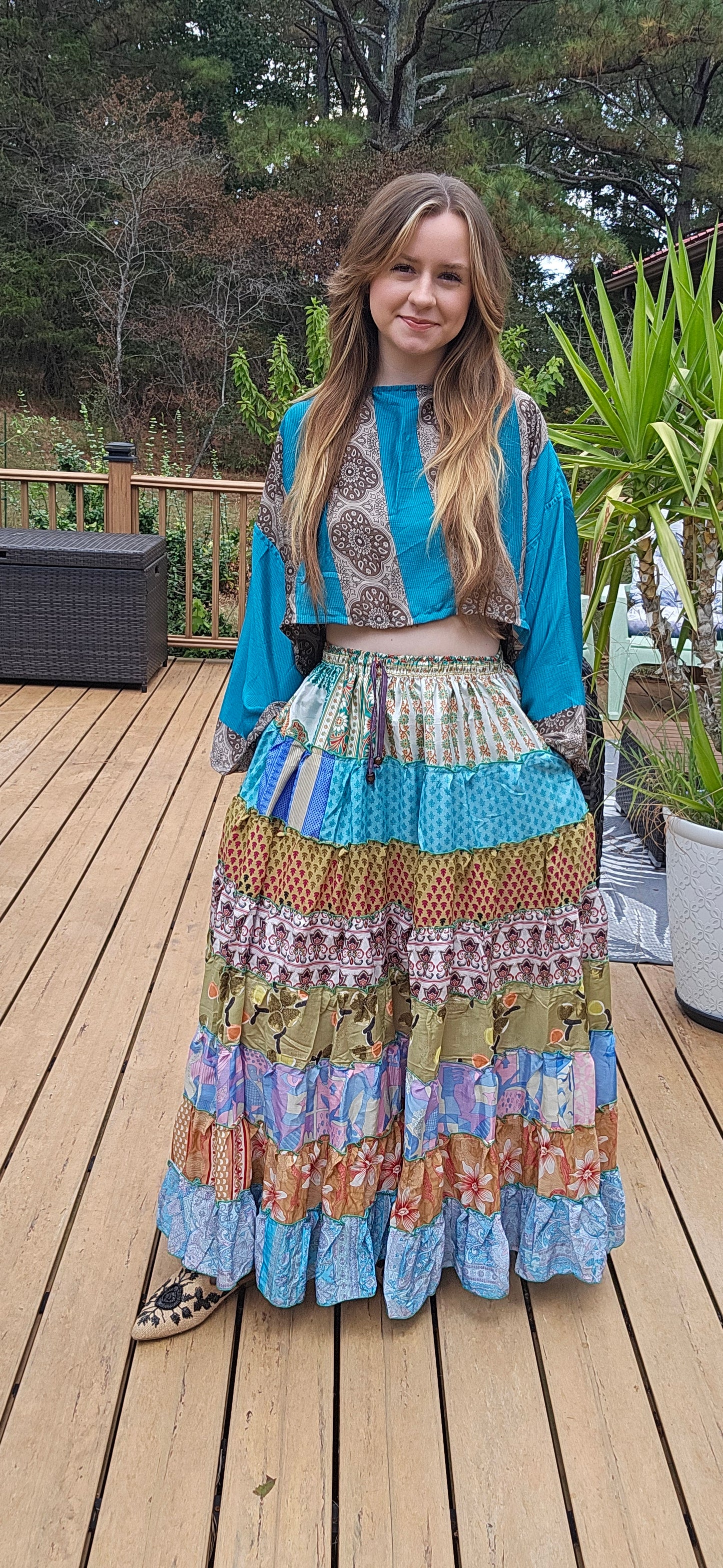"Be Free" Patchwork Skirt with Crop Top - One Size  S to 2X
