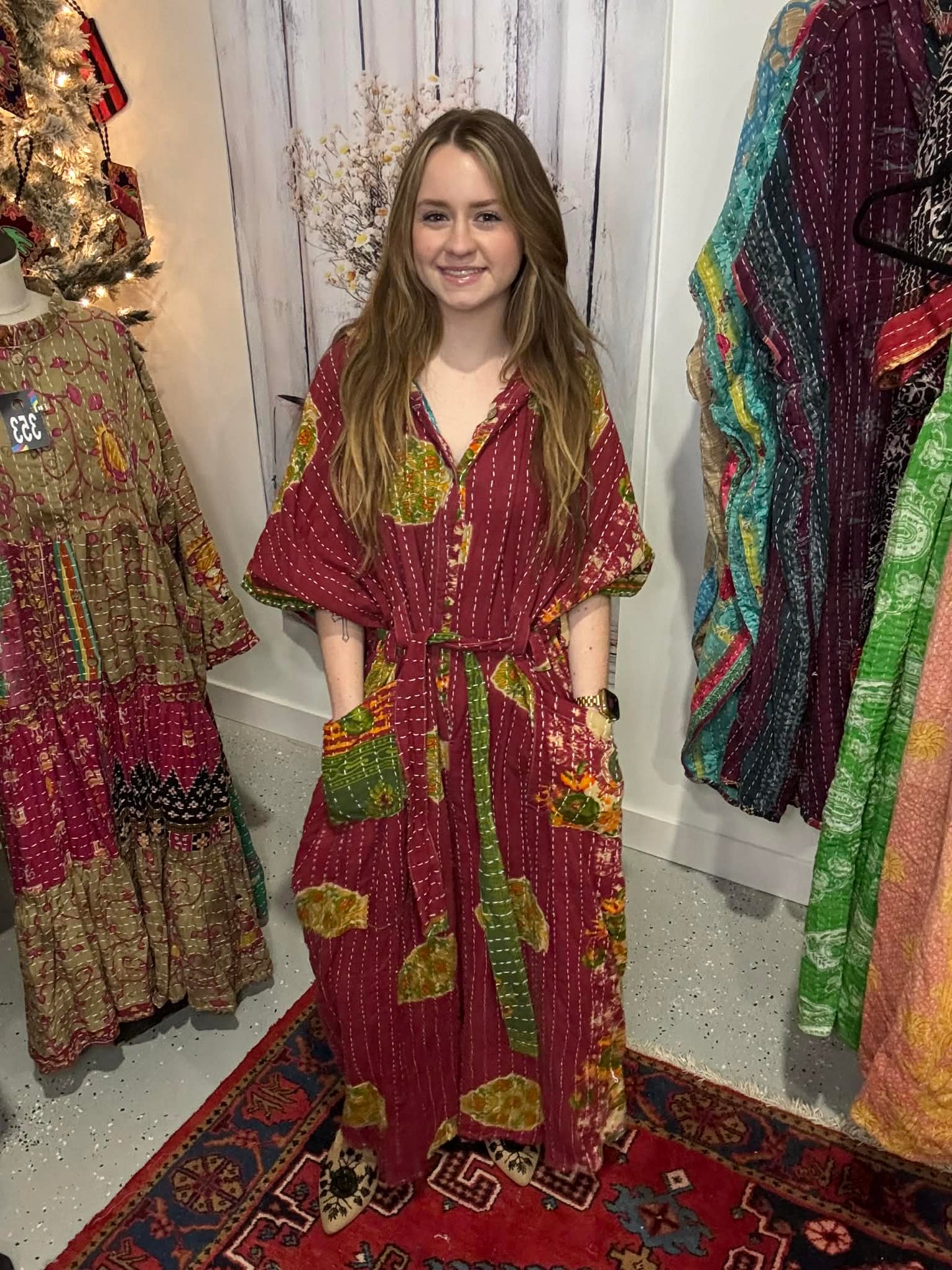 Cozy Jumpsuit with Hoodie in Light Kantha - One Size S to 3X