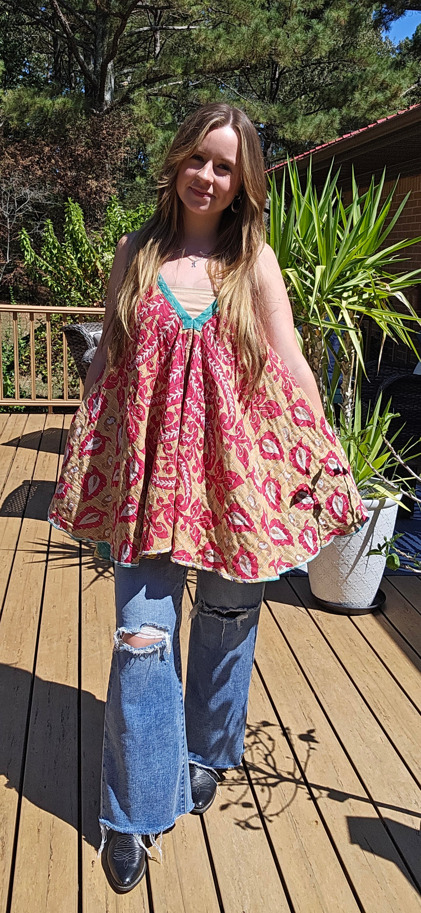"Flying Bird" Tunic Style Top in Light Kantha , One Size S to XL maybe 2X