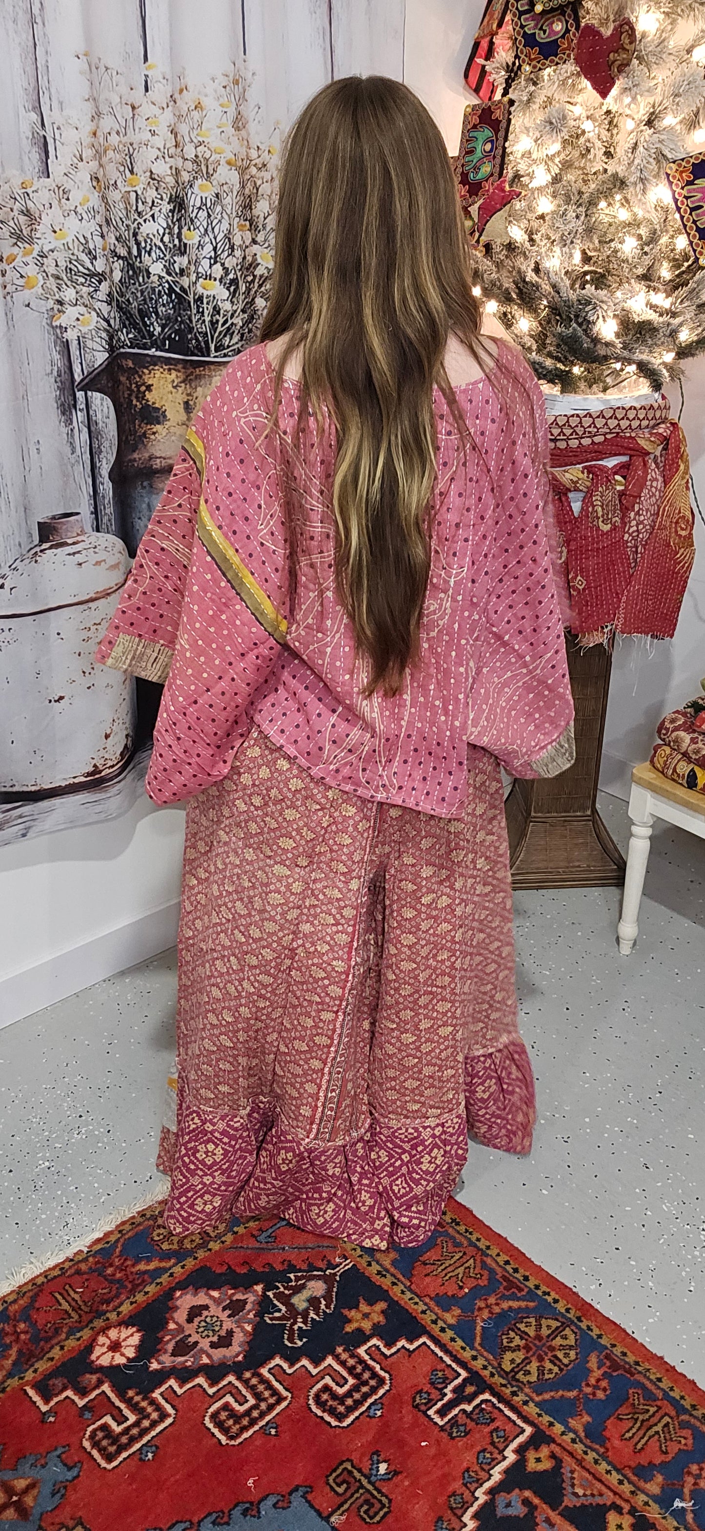 Set of Kantha Dolman Sleeves  Top with Ruffle Pants  - One Size S to 3X