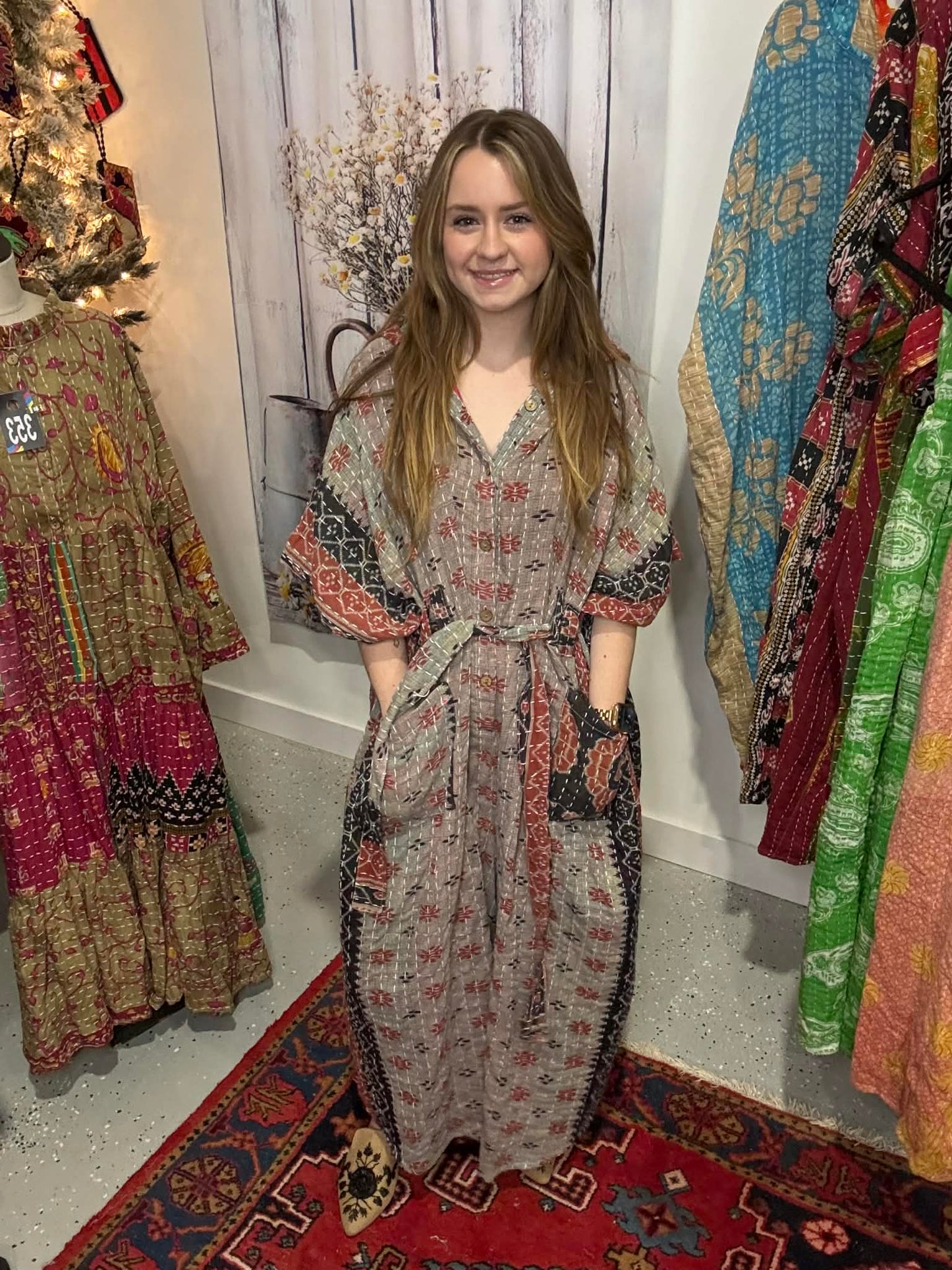 Cozy Jumpsuit with Hoodie in Light Kantha - One Size S to 3X