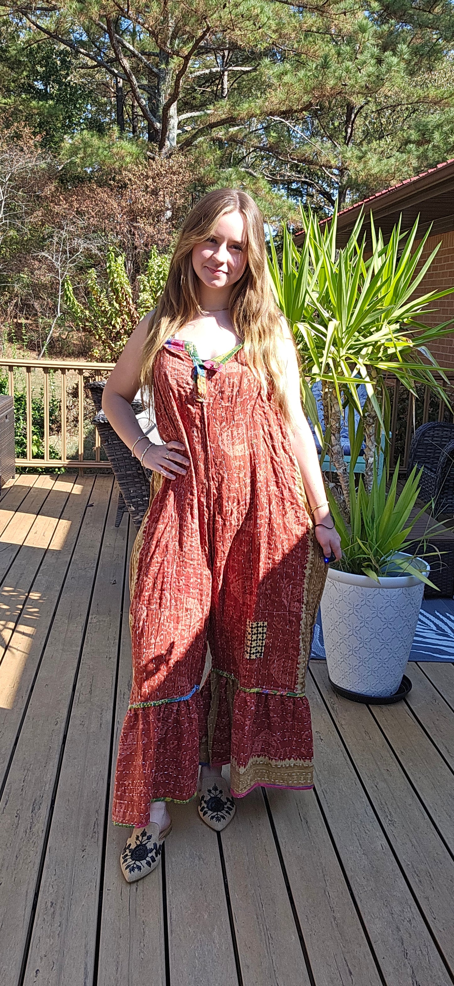 "Good Vibes" Jumpsuit in Light Kantha , One Size  S to 2X/3X