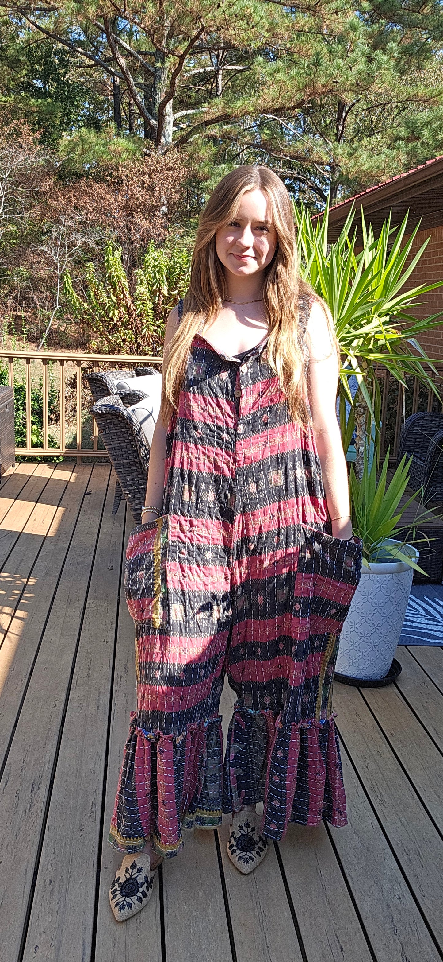 "Good Vibes" Jumpsuit in light kantha - One size S to 2X/3X