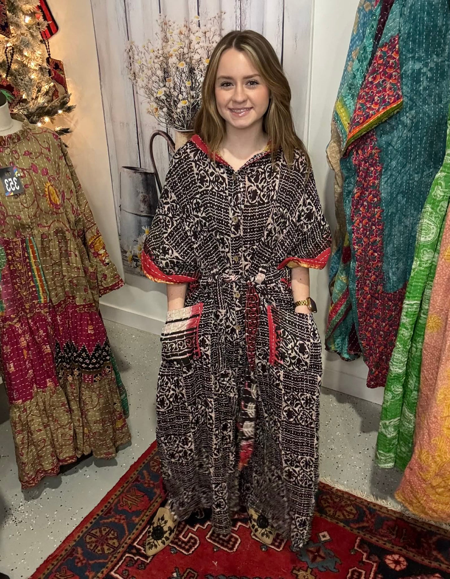 Cozy Jumpsuit with Hoodie in Light Kantha - One Size S to 3X