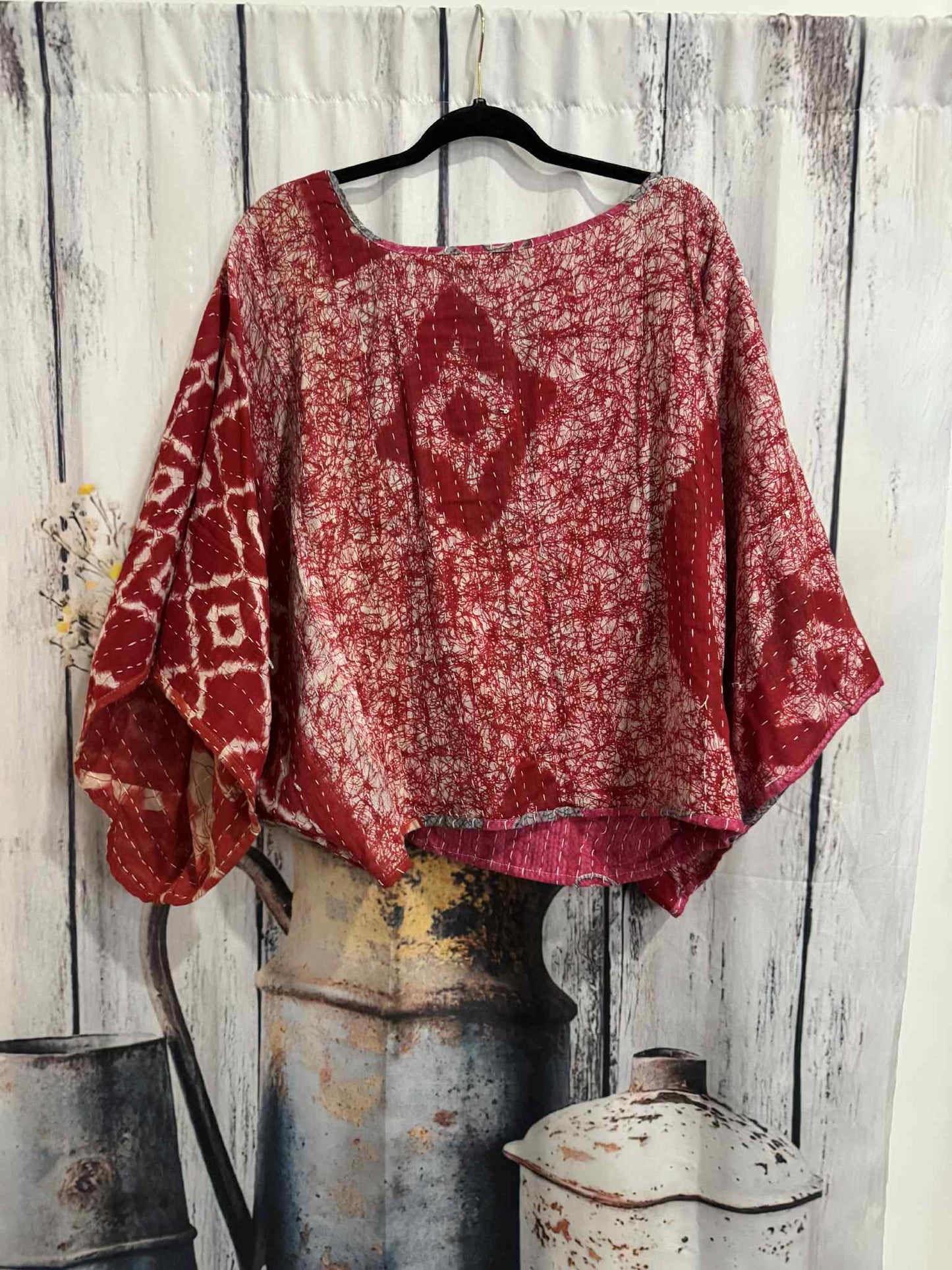 Set of Kantha Dolman Sleeves  Top with Ruffle Pants  - One Size S to 3X