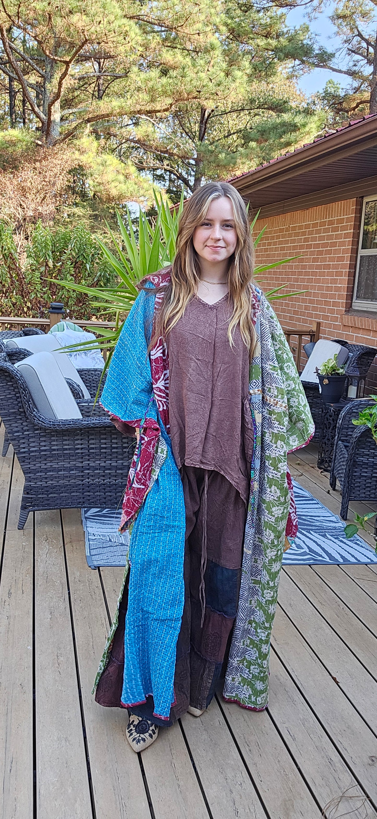 Whimsical Fairy / Witchy Duster with Elongated Hoodie in Light Kantha - One Size S to 2X