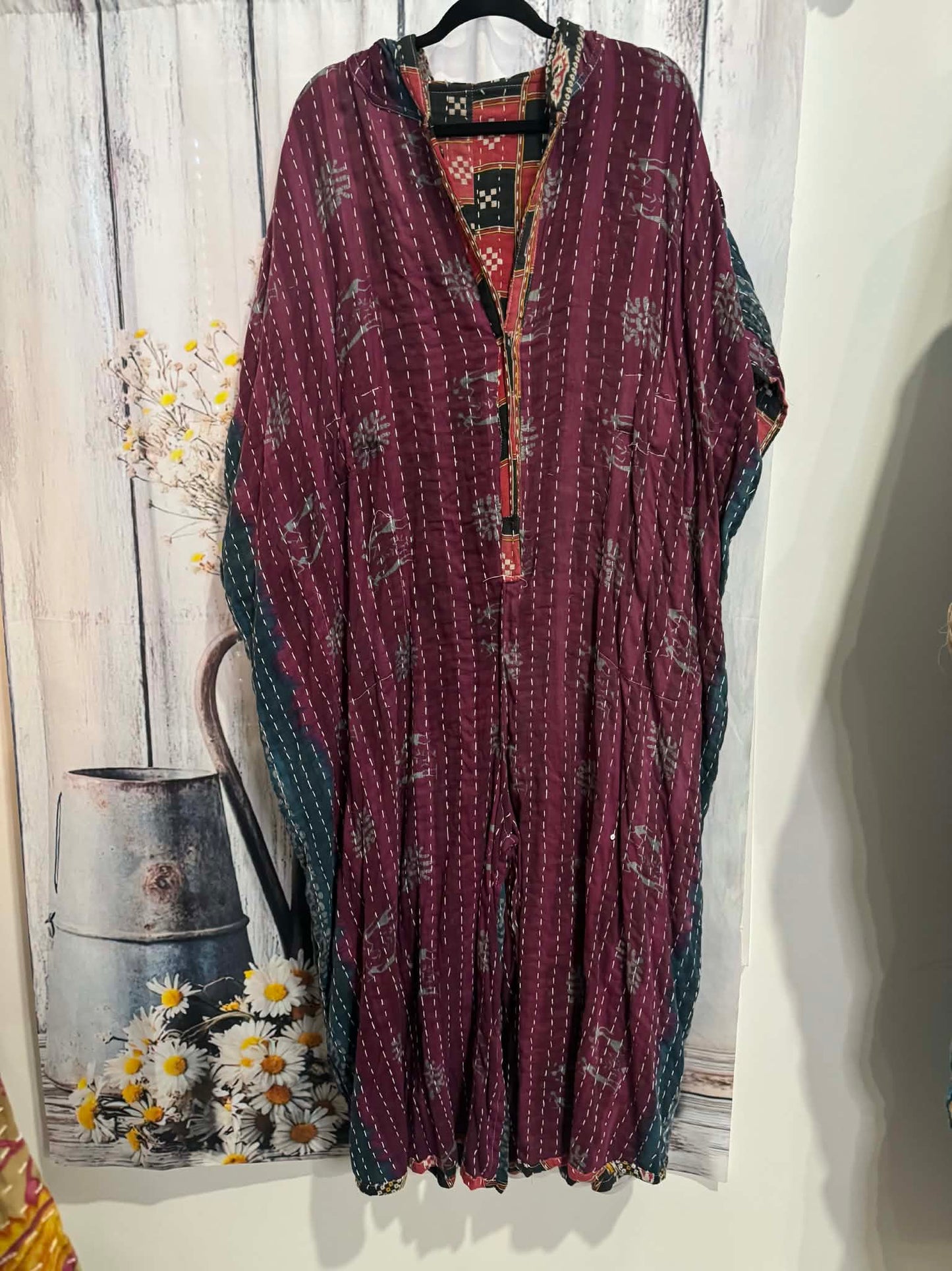 Cozy Jumpsuit with Hoodie in Light Kantha - One Size S to 3X