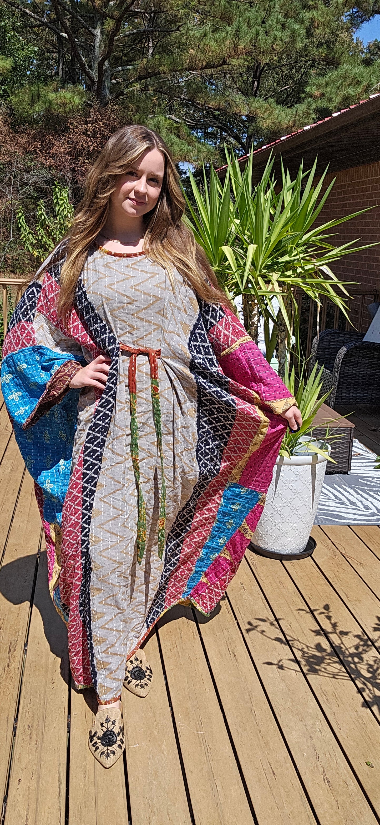 Selene Caftan in light kantha, One Size S to 3X