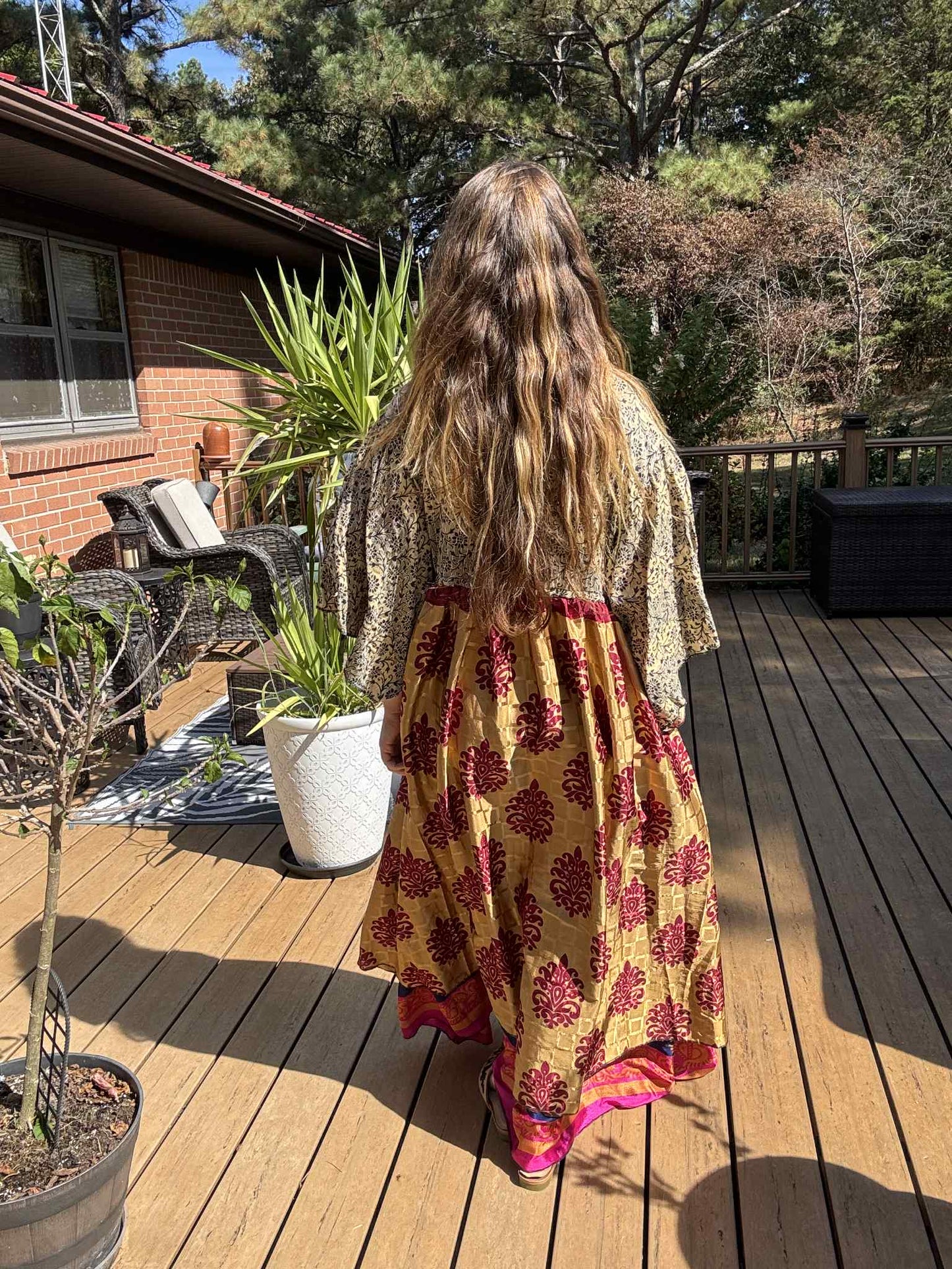 "Moon Light Bloom" Empire Waist Maxi Dress Kantha / Polysilk  - One Size S to 2X