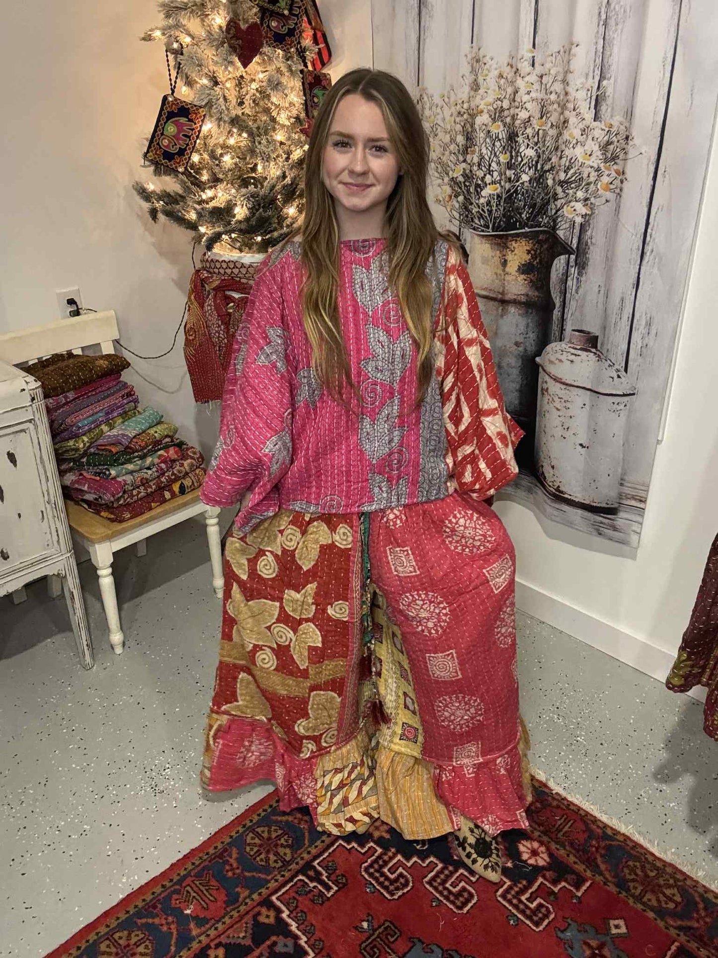 Set of Kantha Dolman Sleeves  Top with Ruffle Pants  - One Size S to 3X
