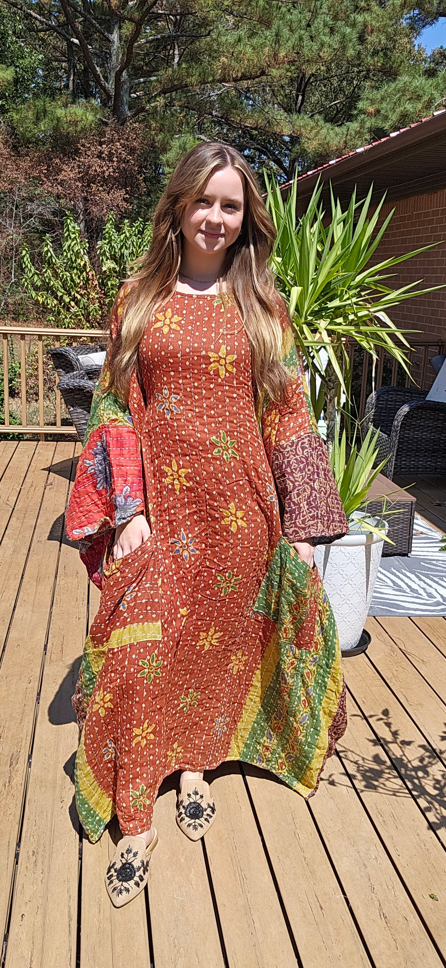Selene Caftan in light kantha, One Size S to 3X