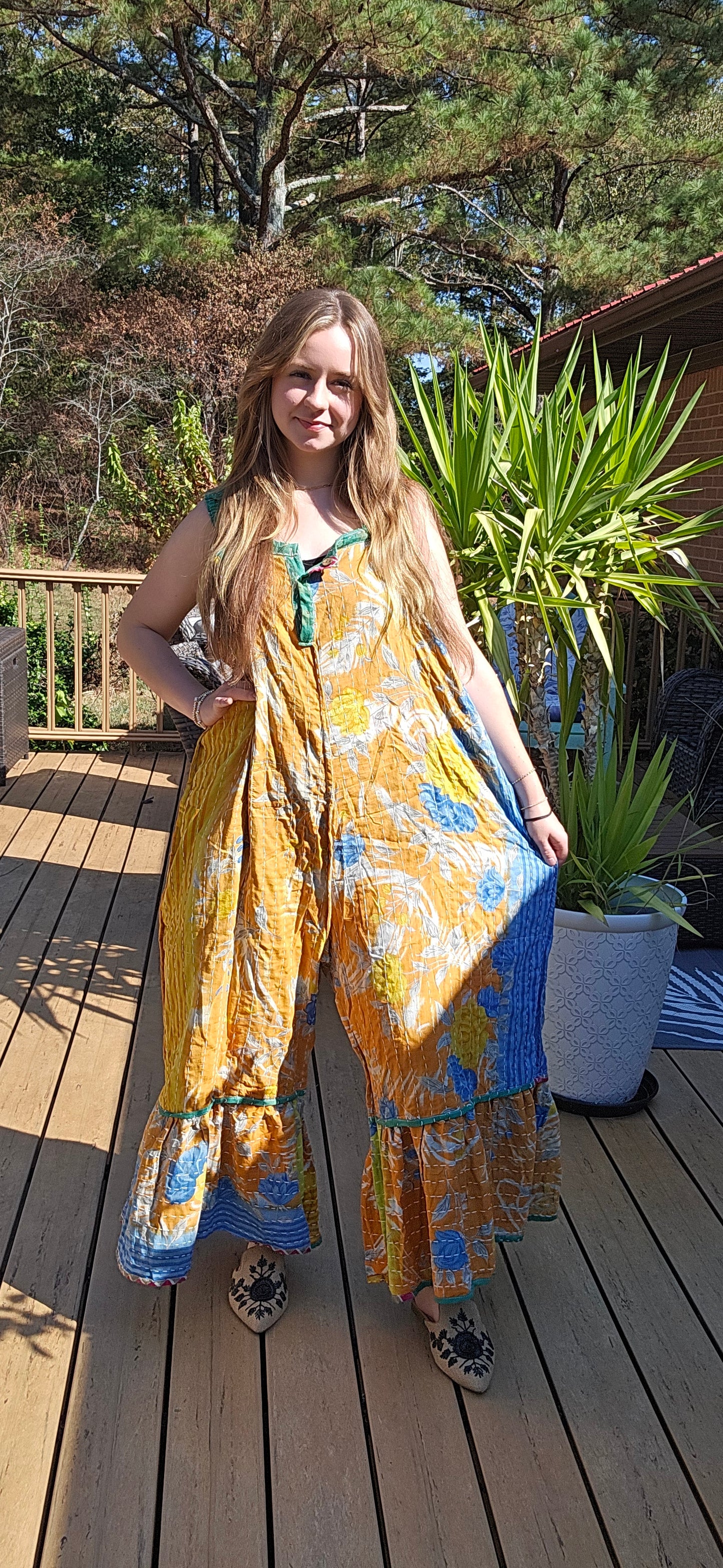 "Good Vibes" Jumpsuit in  Light Kantha , One Sizd S to 2X/3X