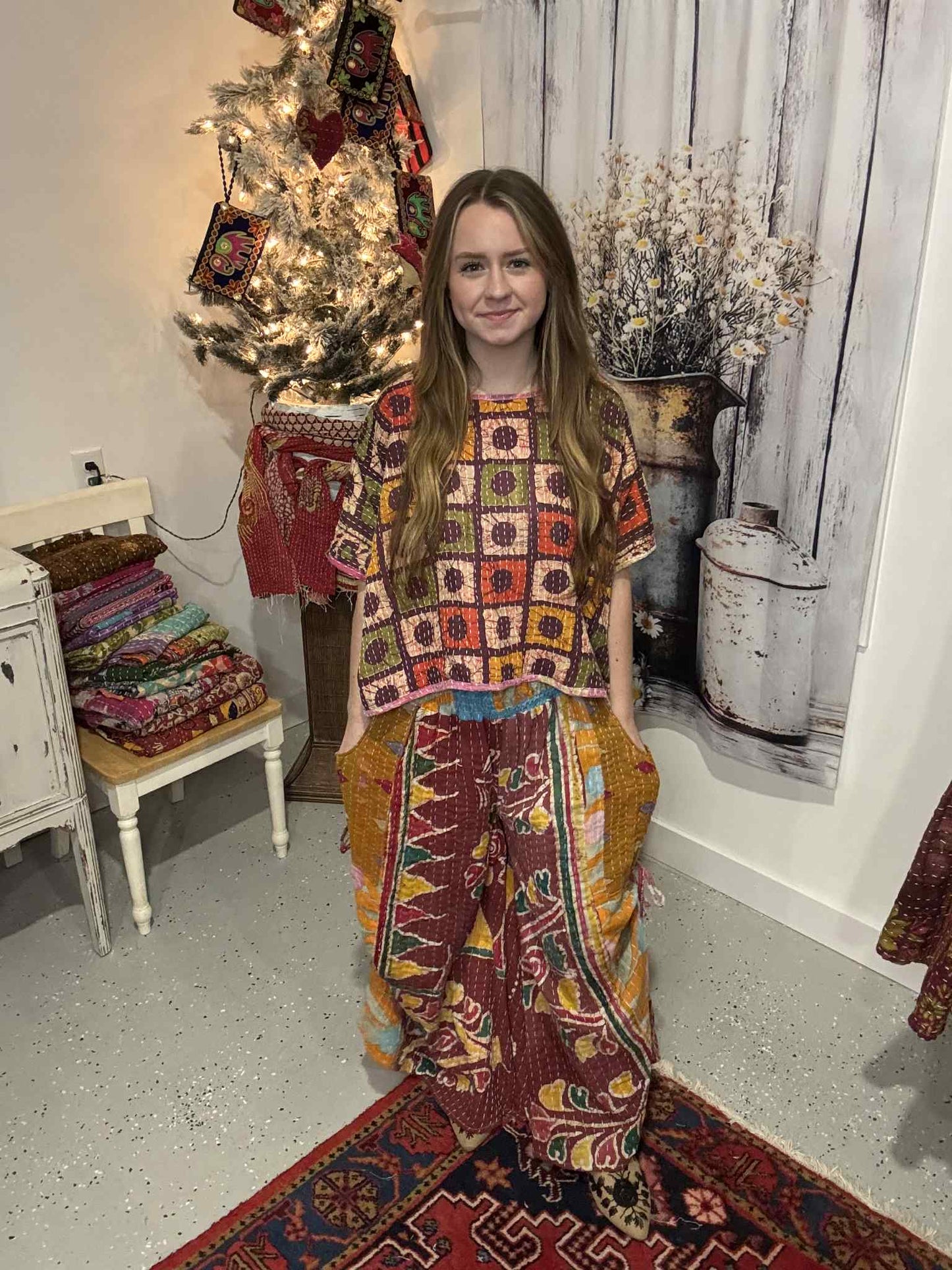 "Peasant" Light Kantha Pant Set - One Size S to 2X