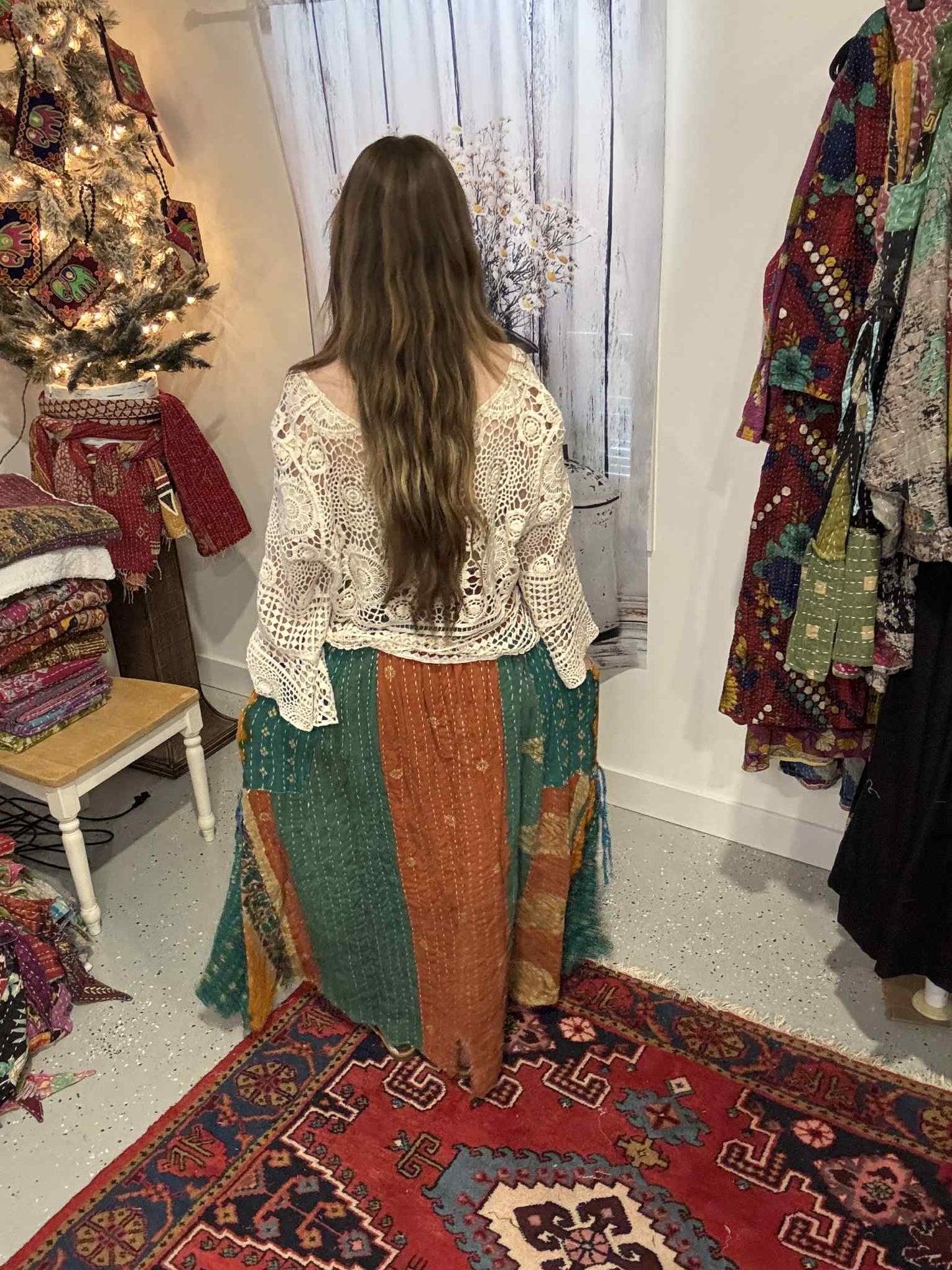 "Peasant" Light Kantha Maxi  Skirt - One Size S to 2X/3X