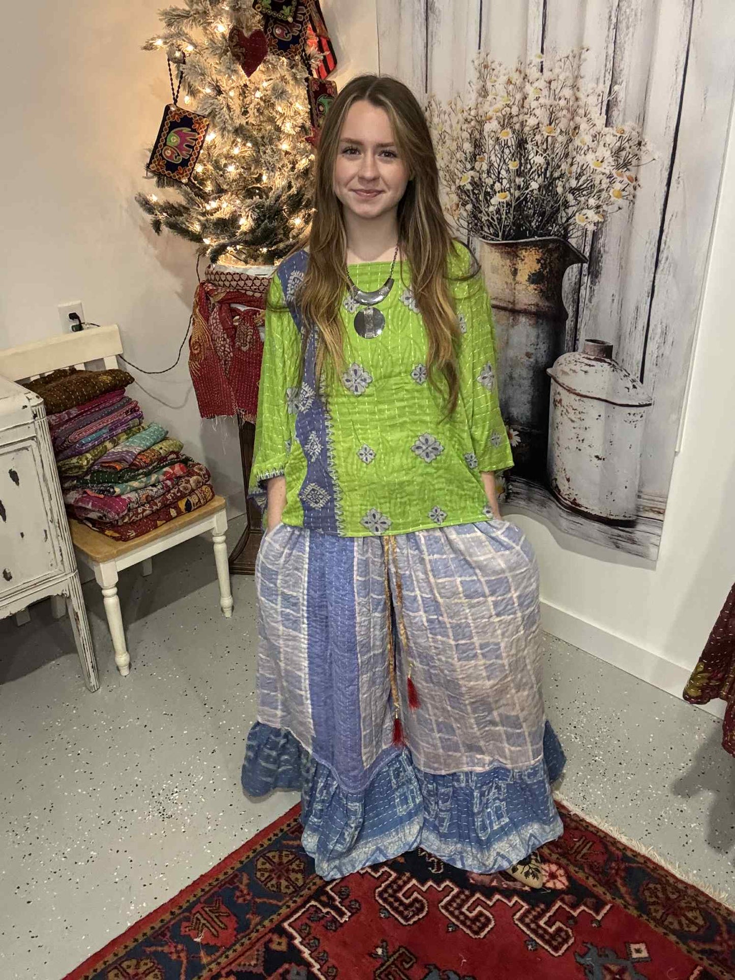 Set of Kantha Dolman Sleeves  Top with Ruffle Pants  - One Size S to 3X