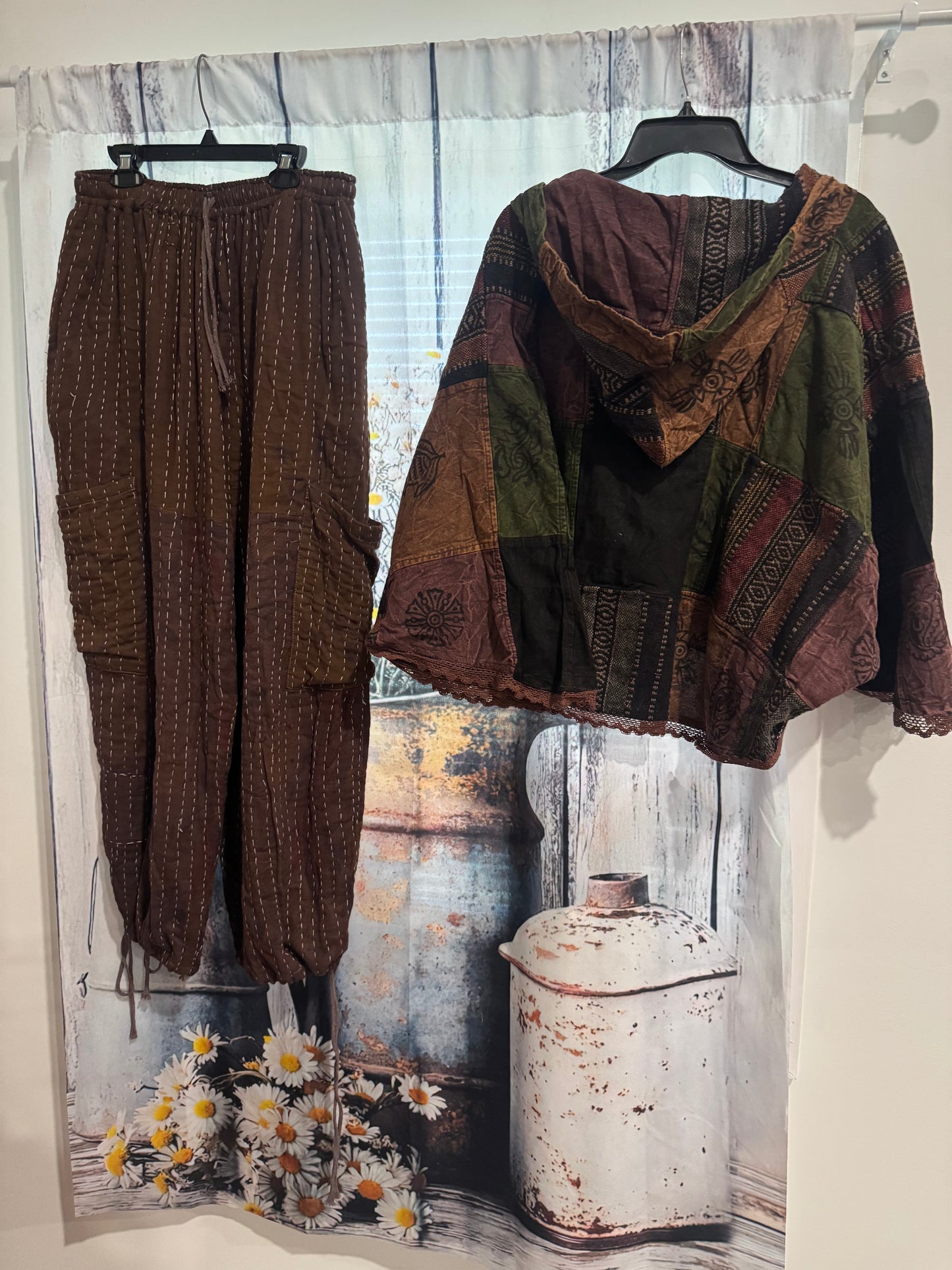 Set of Hoodie patchwork poncho and Convertable pants in kantha - One size S to 2X