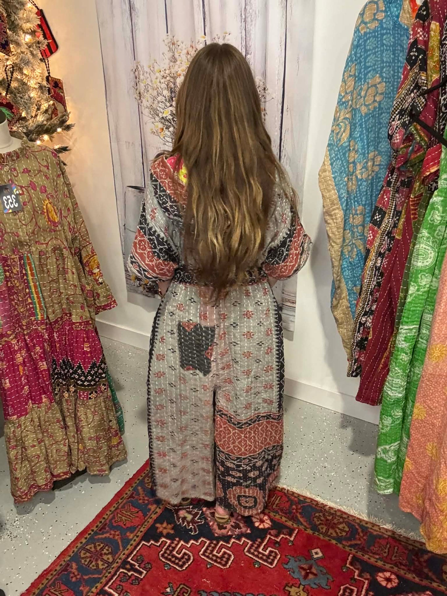 Cozy Jumpsuit with Hoodie in Light Kantha - One Size S to 3X